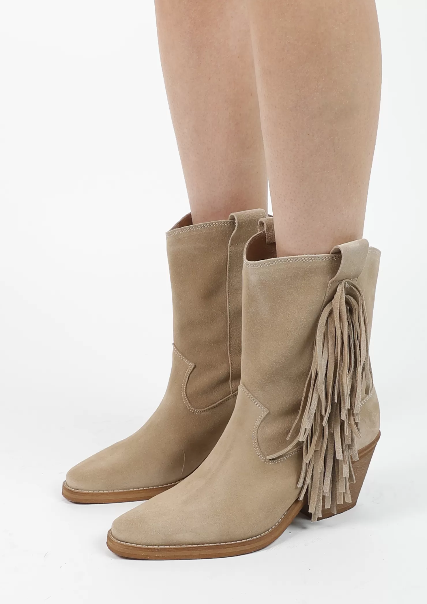 Clearance Sacha Beige Cowboylaarzen Met Hak En Franjes