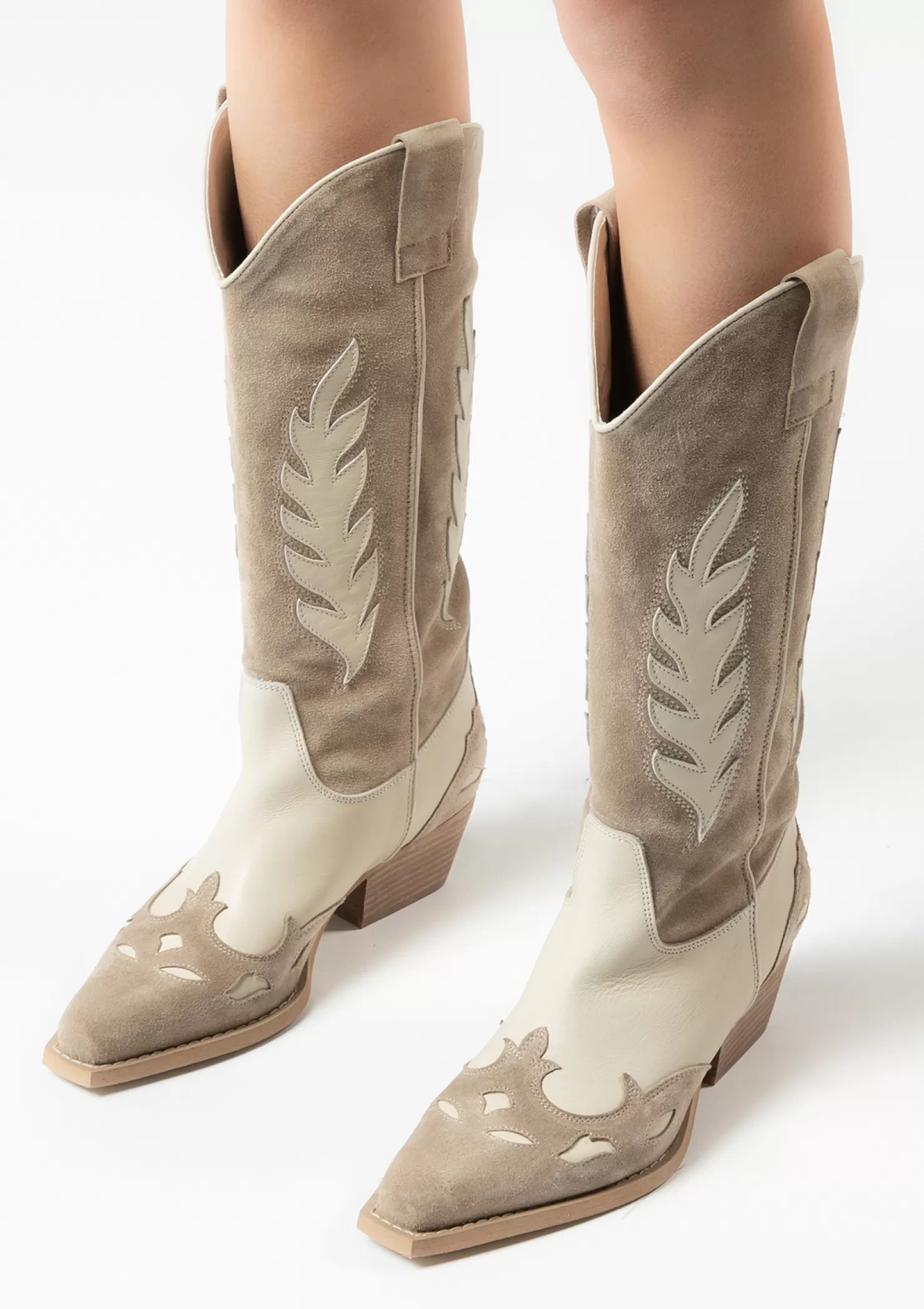 Best Sacha Beige Leren Cowboylaarzen Met Off White Details