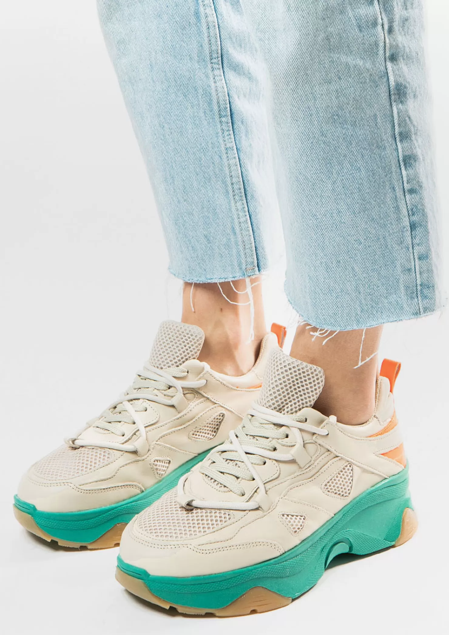 Cheap Sacha Beige Leren Platform Sneakers Met Groene Zool