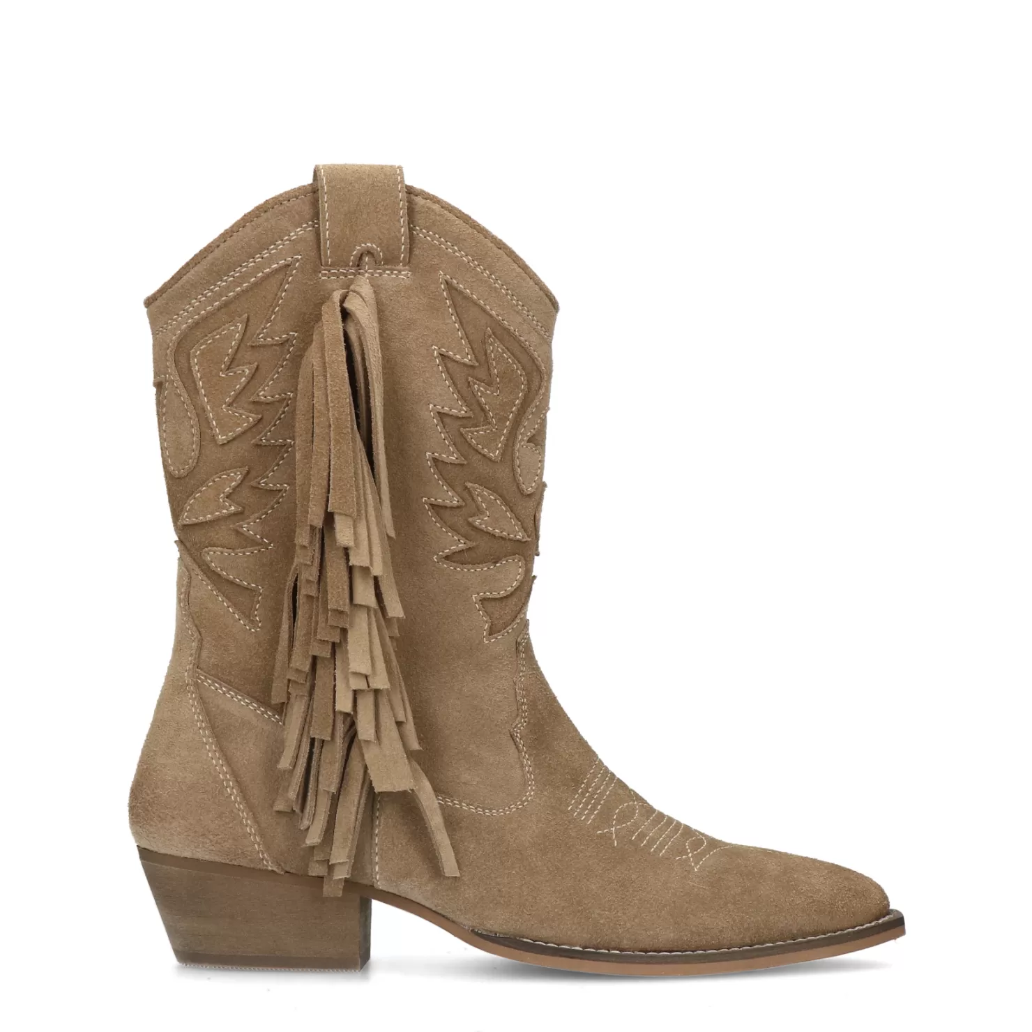 Fashion Sacha Beige Suede Cowboylaarzen Met Franjes