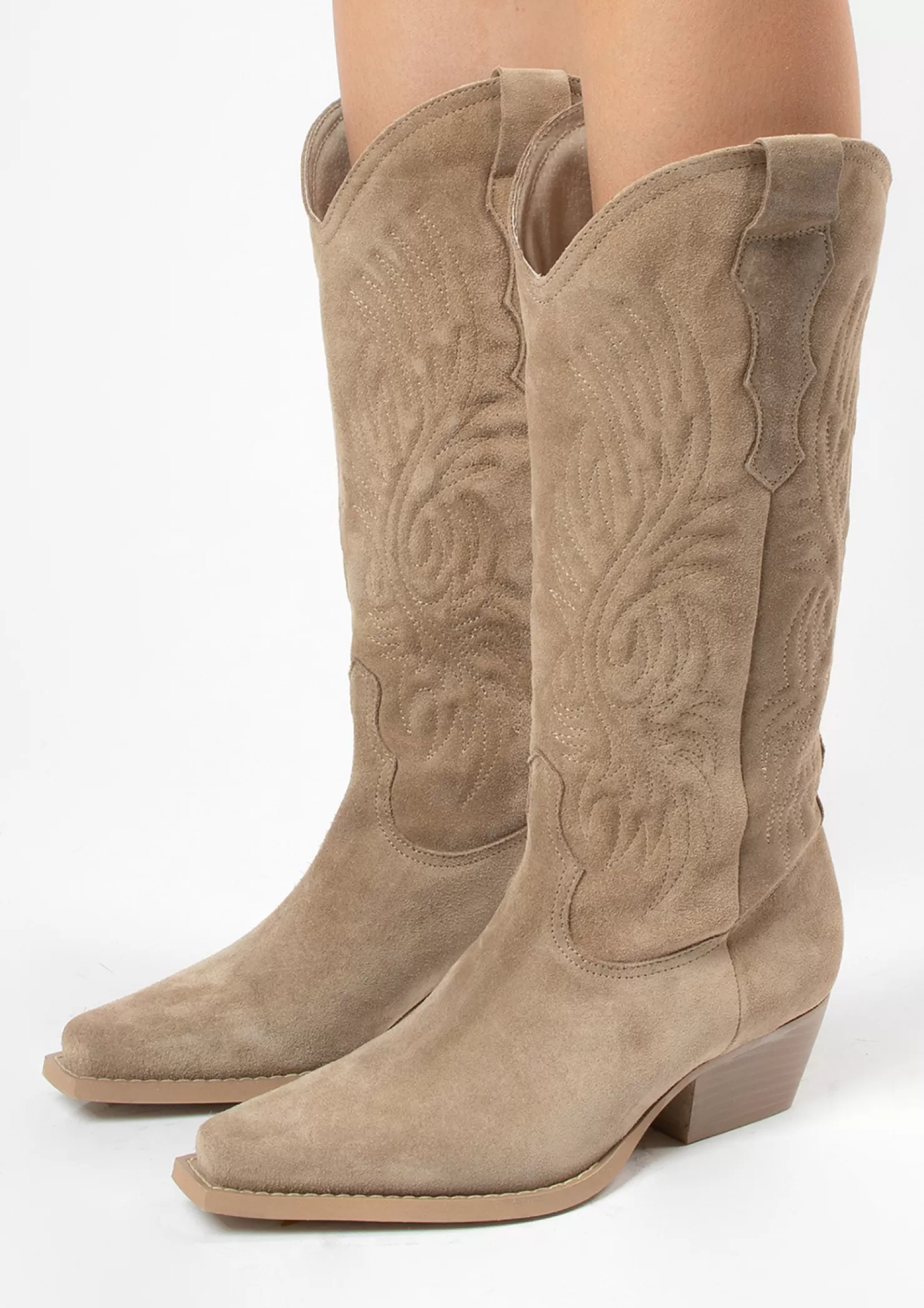 Best Sale Sacha Beige Suede Cowboylaarzen Met Stiksels