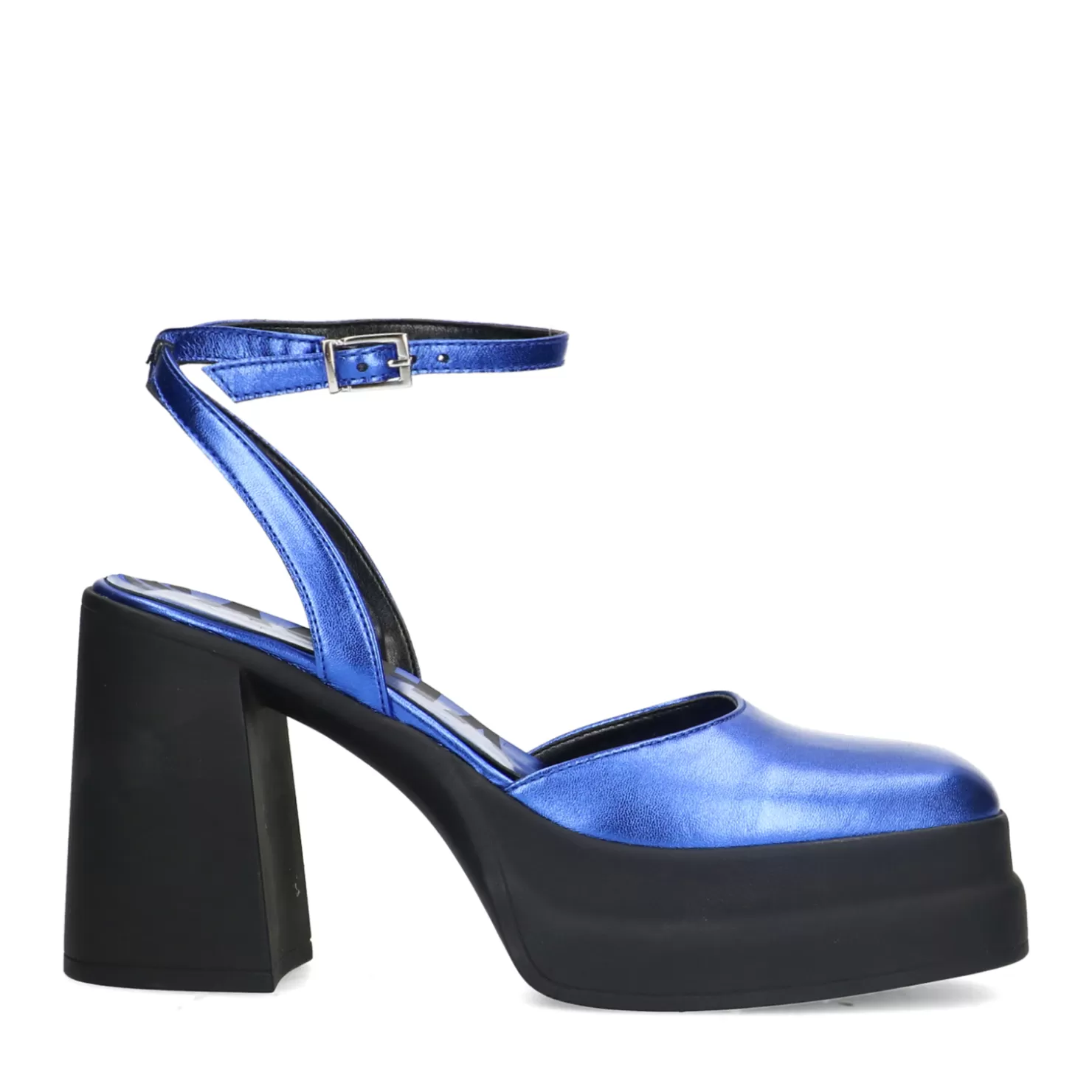 Hot Sacha Blauwe Metallic Pumps Met Plateau Hak