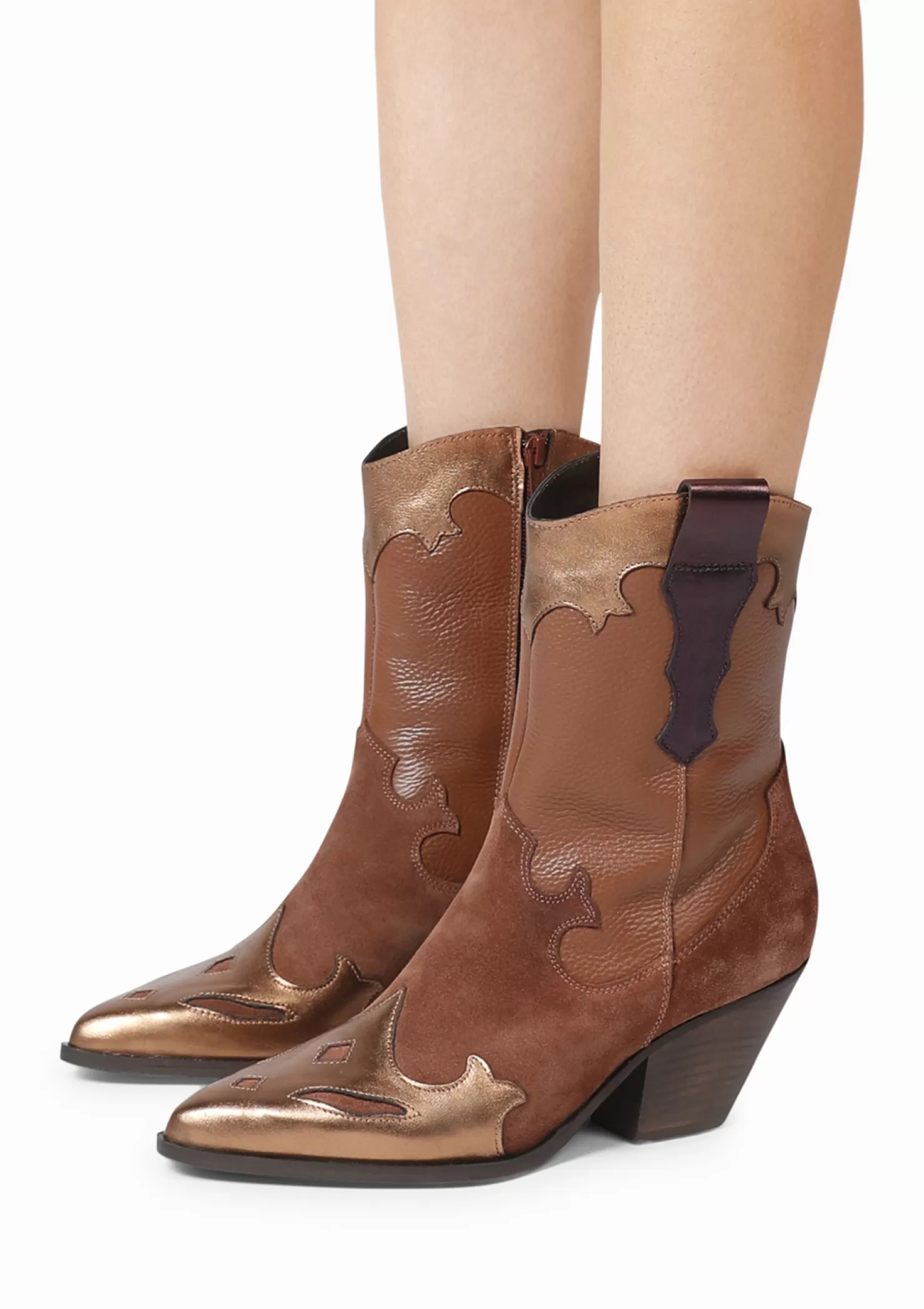 Fashion Sacha Bruine Leren Cowboylaarzen Met Brons Metallic Details