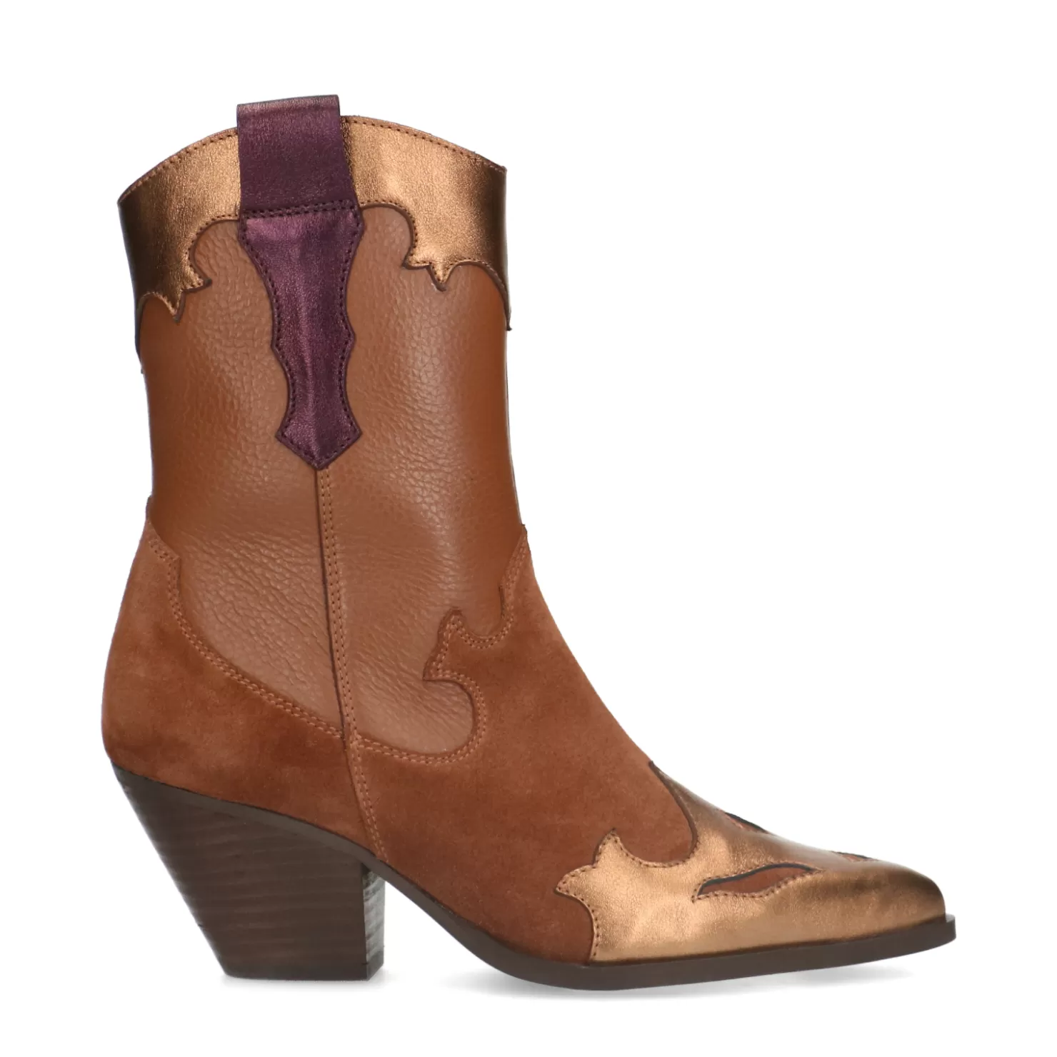 Fashion Sacha Bruine Leren Cowboylaarzen Met Brons Metallic Details