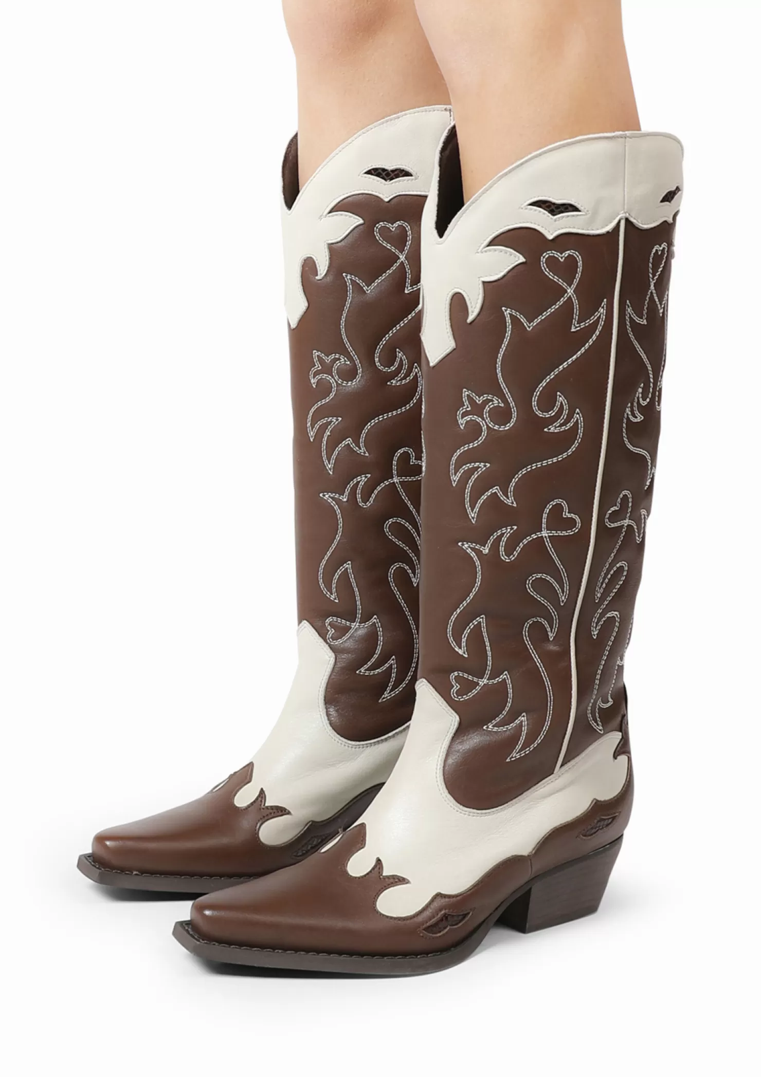 Flash Sale Sacha Bruine Leren Cowboylaarzen Met Witte Sierstiksels