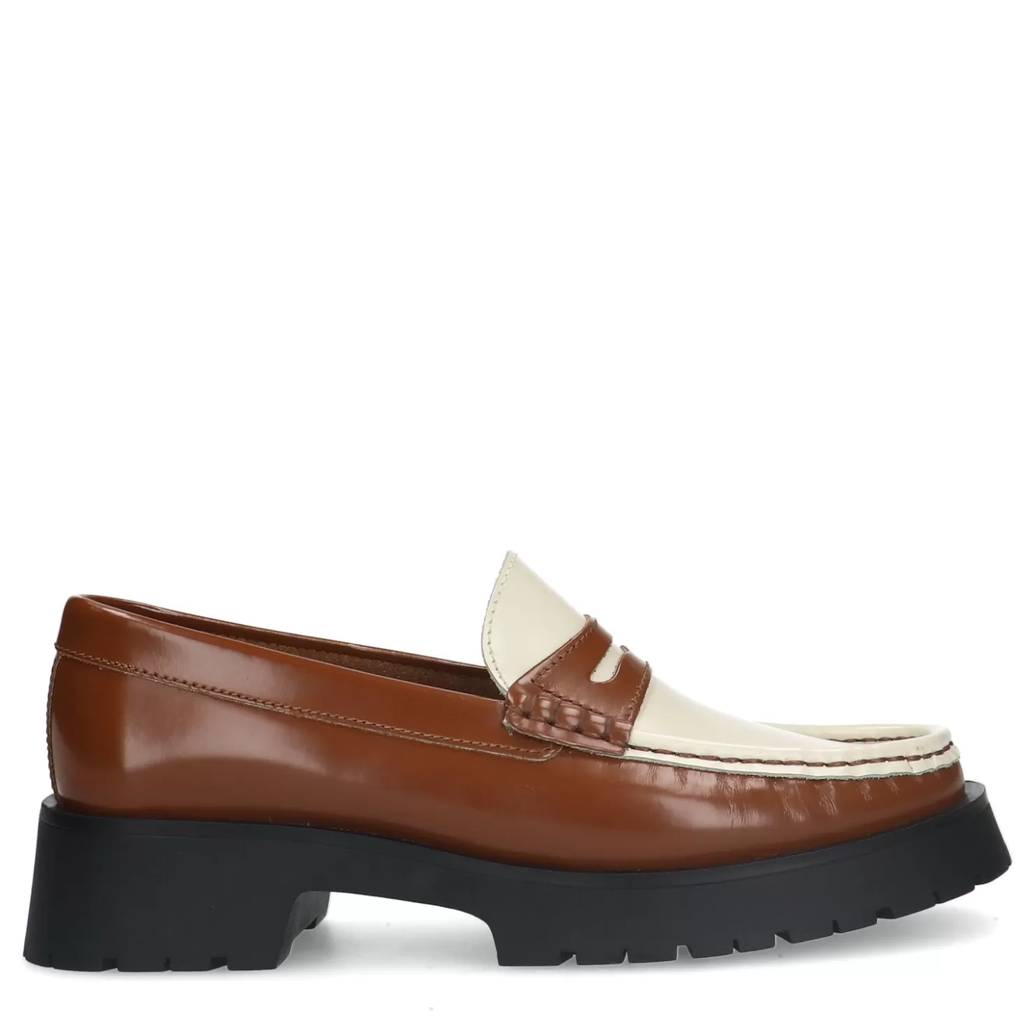 New Sacha Bruine Leren Plateau Loafers Met Witte Details