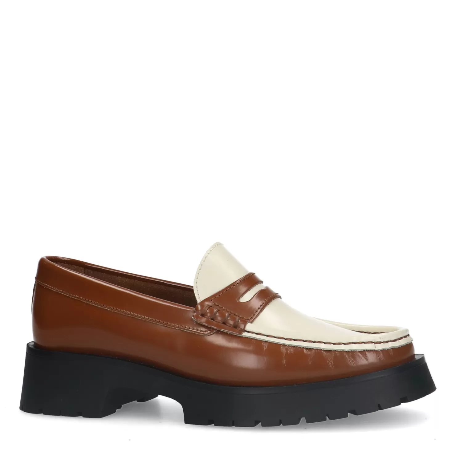 New Sacha Bruine Leren Plateau Loafers Met Witte Details