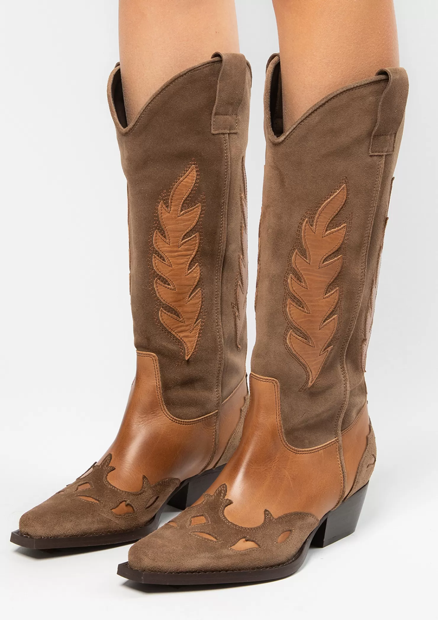 Clearance Sacha Bruine Suede Cowboylaarzen Met Cognac Details