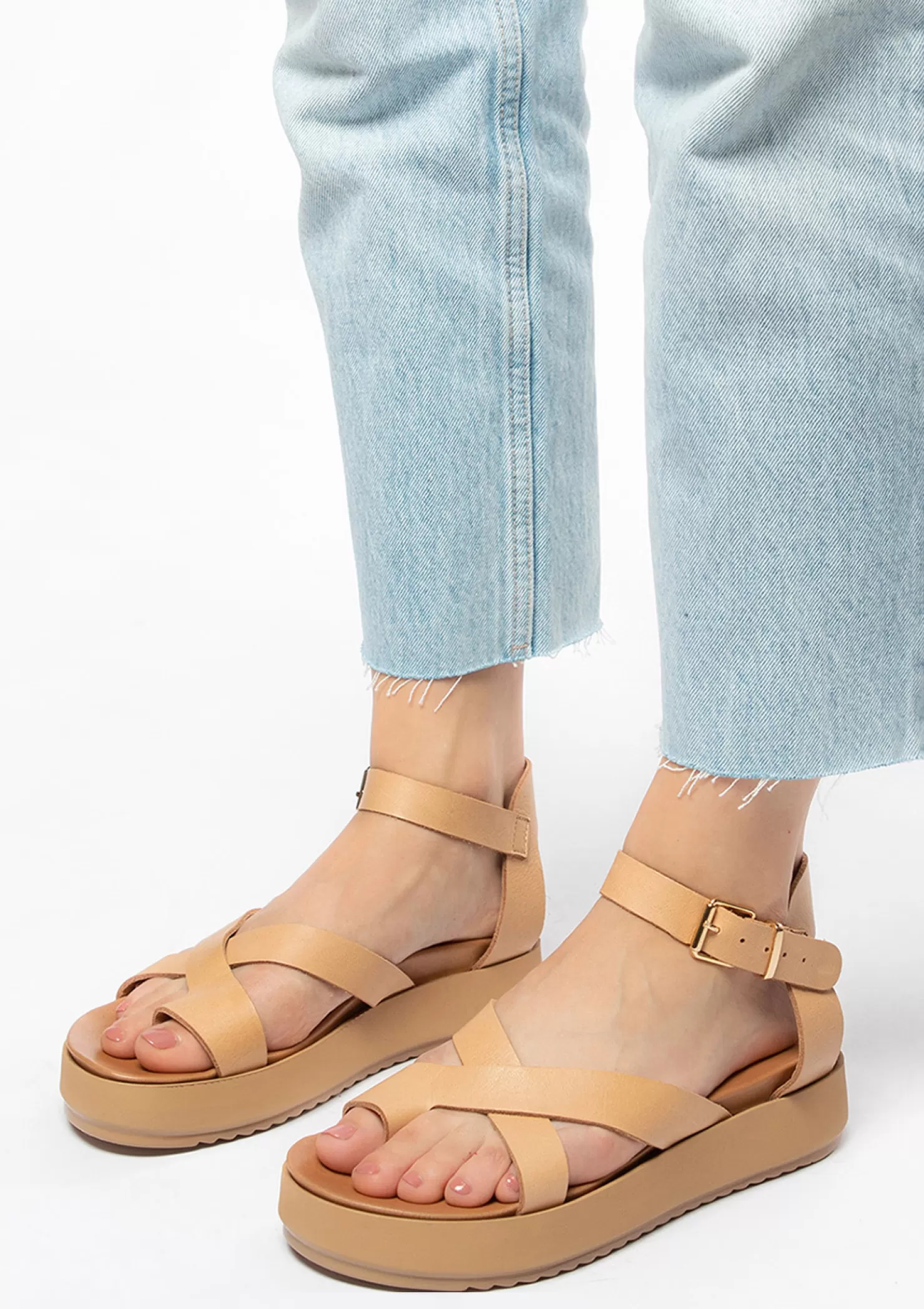 New Sacha Camel Leren Plateau Sandalen