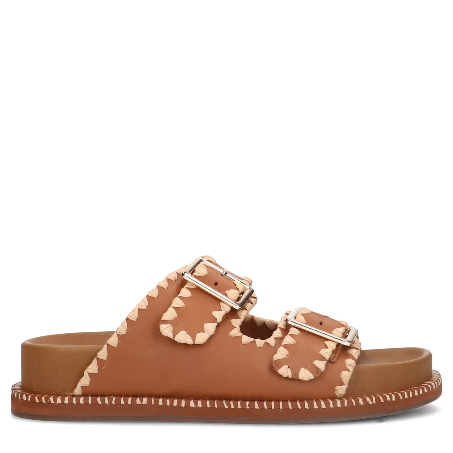 Store Sacha Camel Leren Slippers Met Gespen