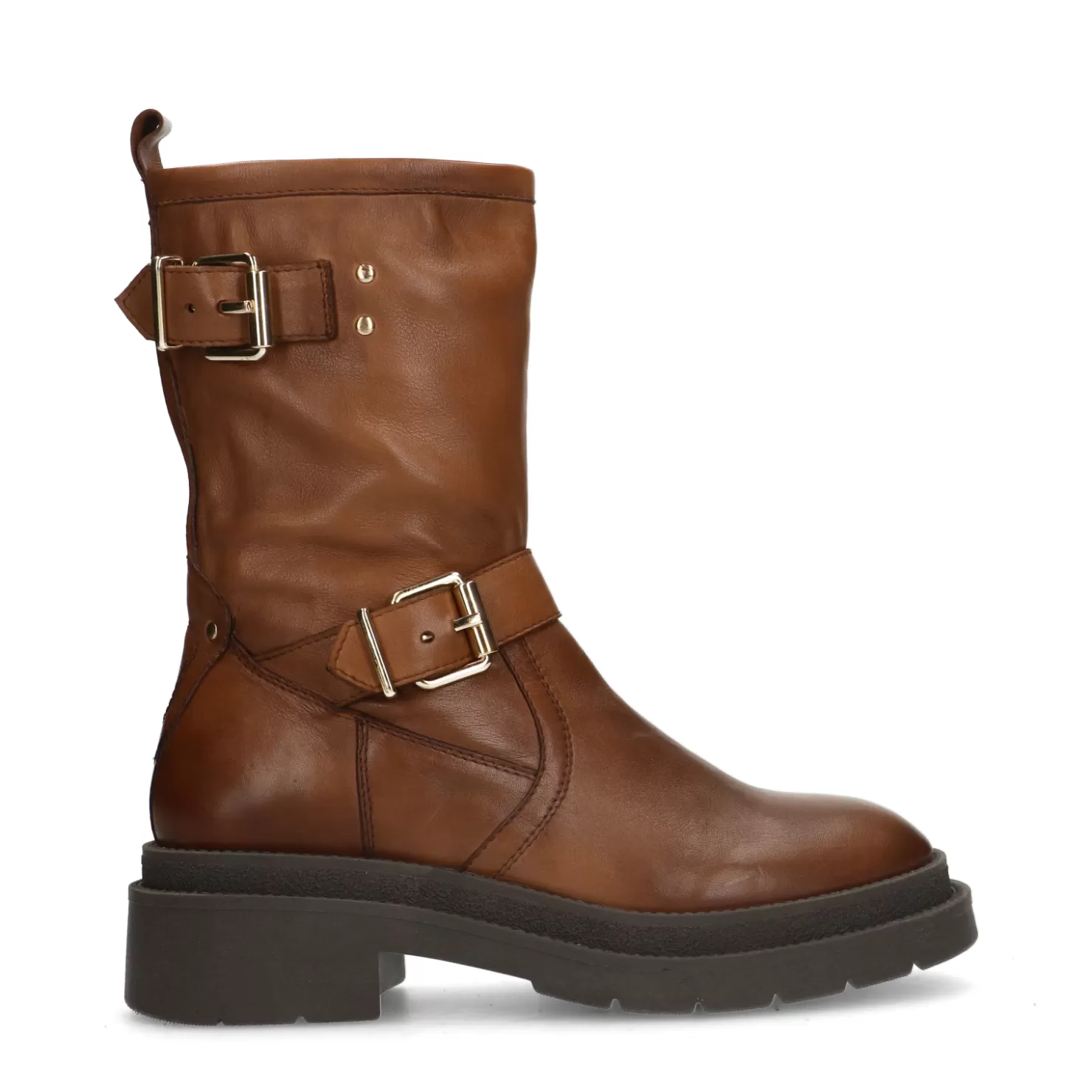 Online Sacha Cognac Leren Biker Boots Met Goudkleurige Gespen