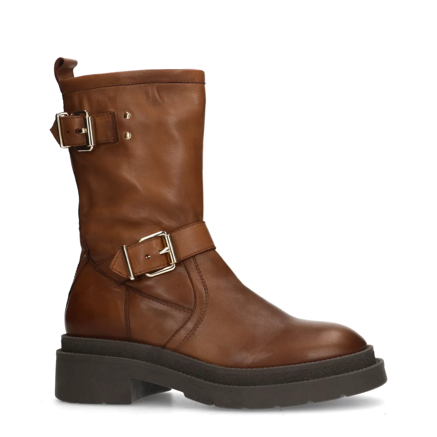 Online Sacha Cognac Leren Biker Boots Met Goudkleurige Gespen