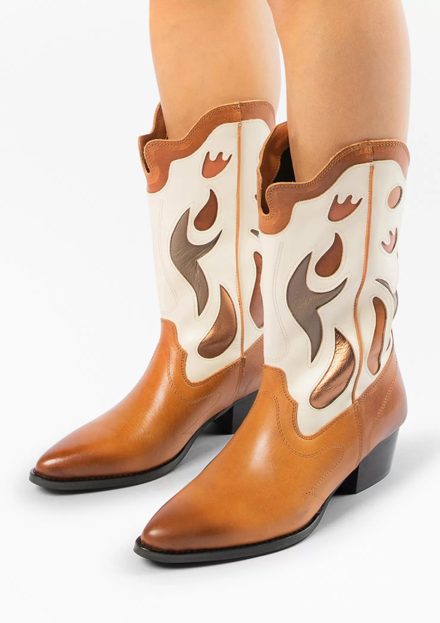 New Sacha Cognac Leren Cowboylaarzen Met Off White Details