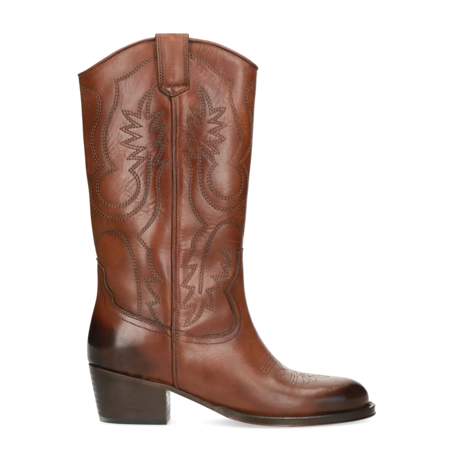 Sale Sacha Cognac Leren Cowboylaarzen Met Sierstiksels