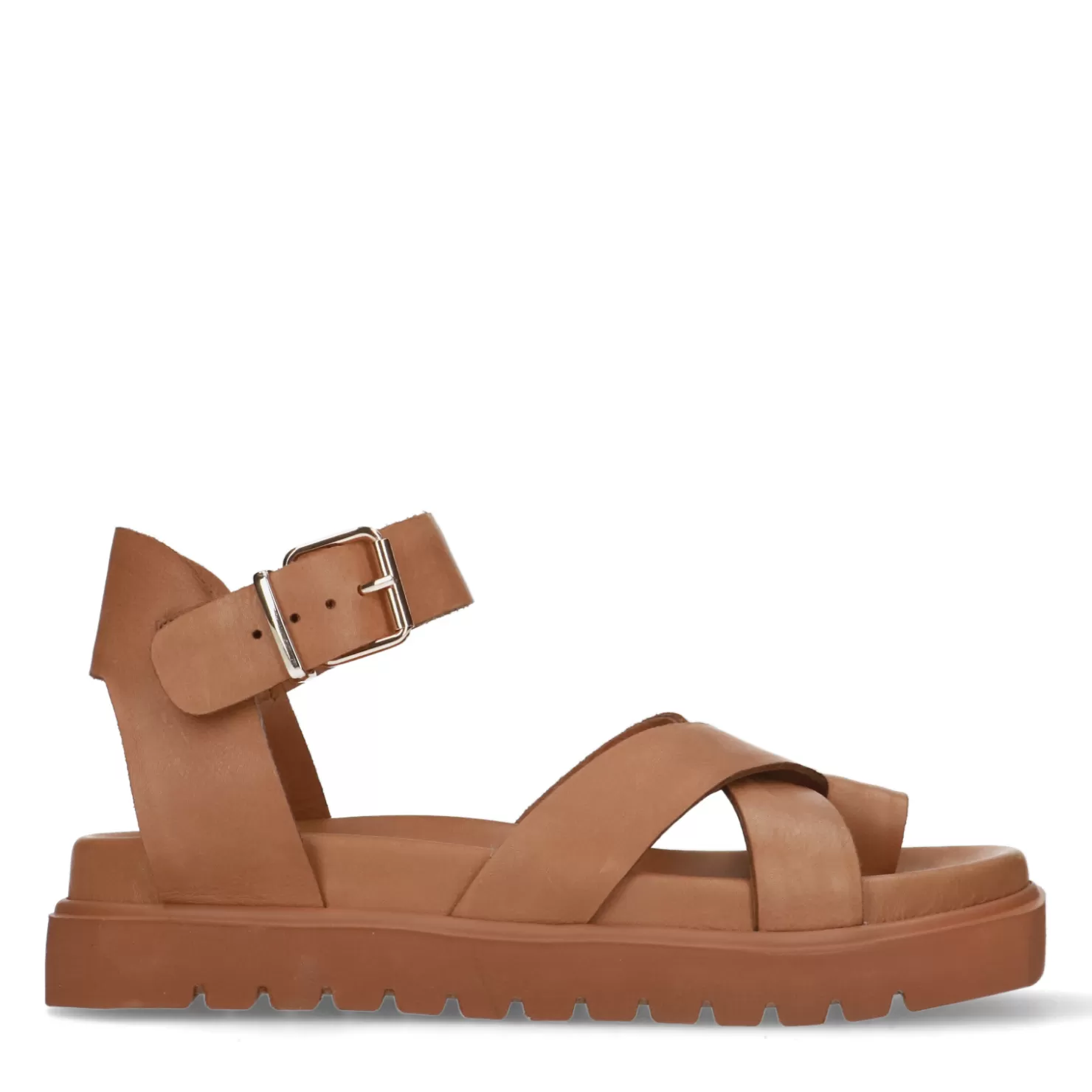 New Sacha Cognac Leren Plateau Sandalen