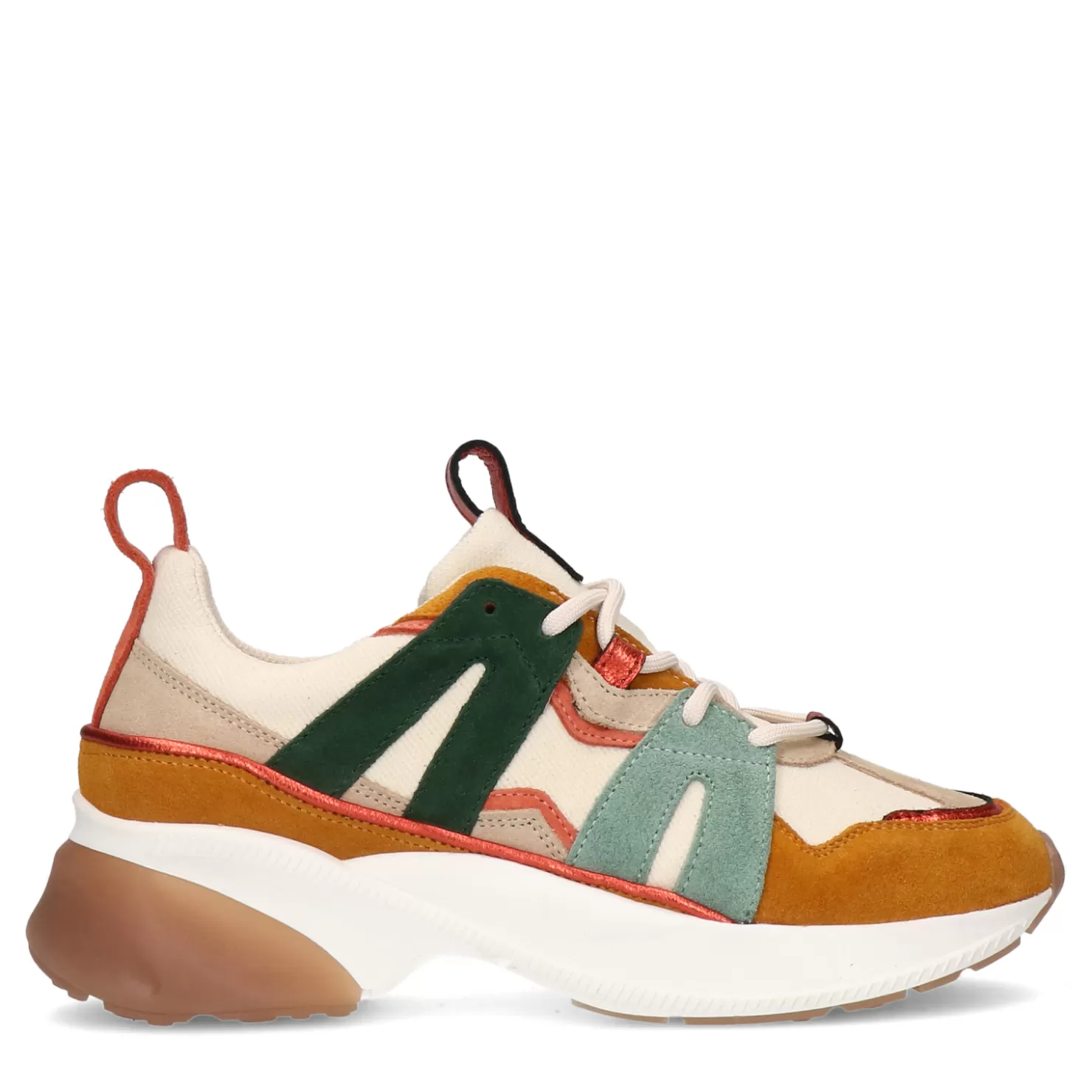 Online Sacha Cognac Suede Sneakers Met Gekleurde Details