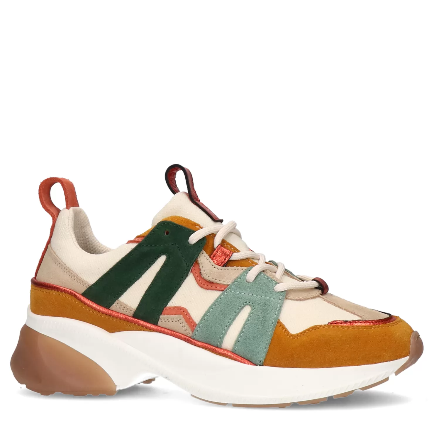 Online Sacha Cognac Suede Sneakers Met Gekleurde Details