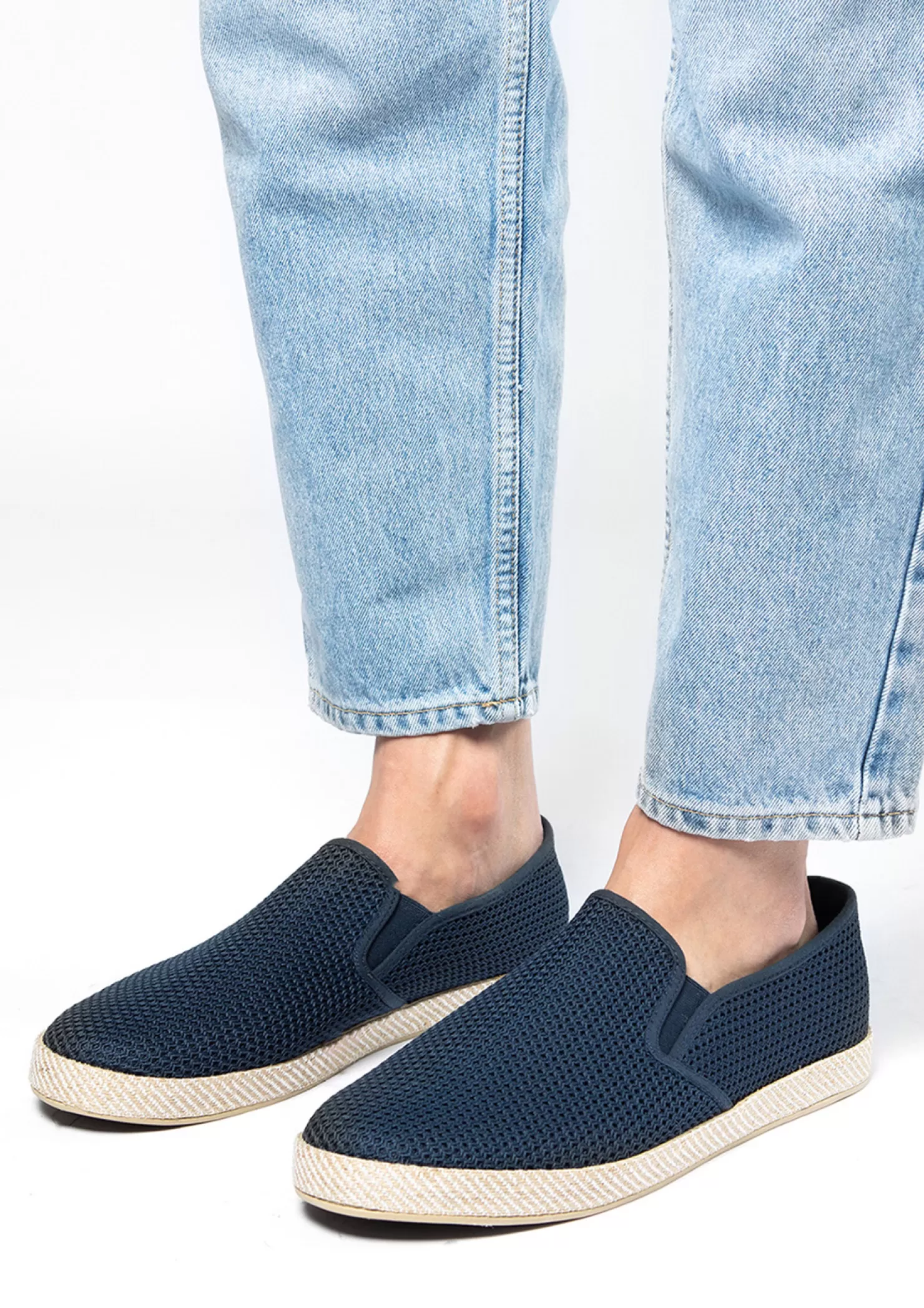 Clearance Sacha Donkerblauwe Canvas Loafers Met Geweven Touwzool