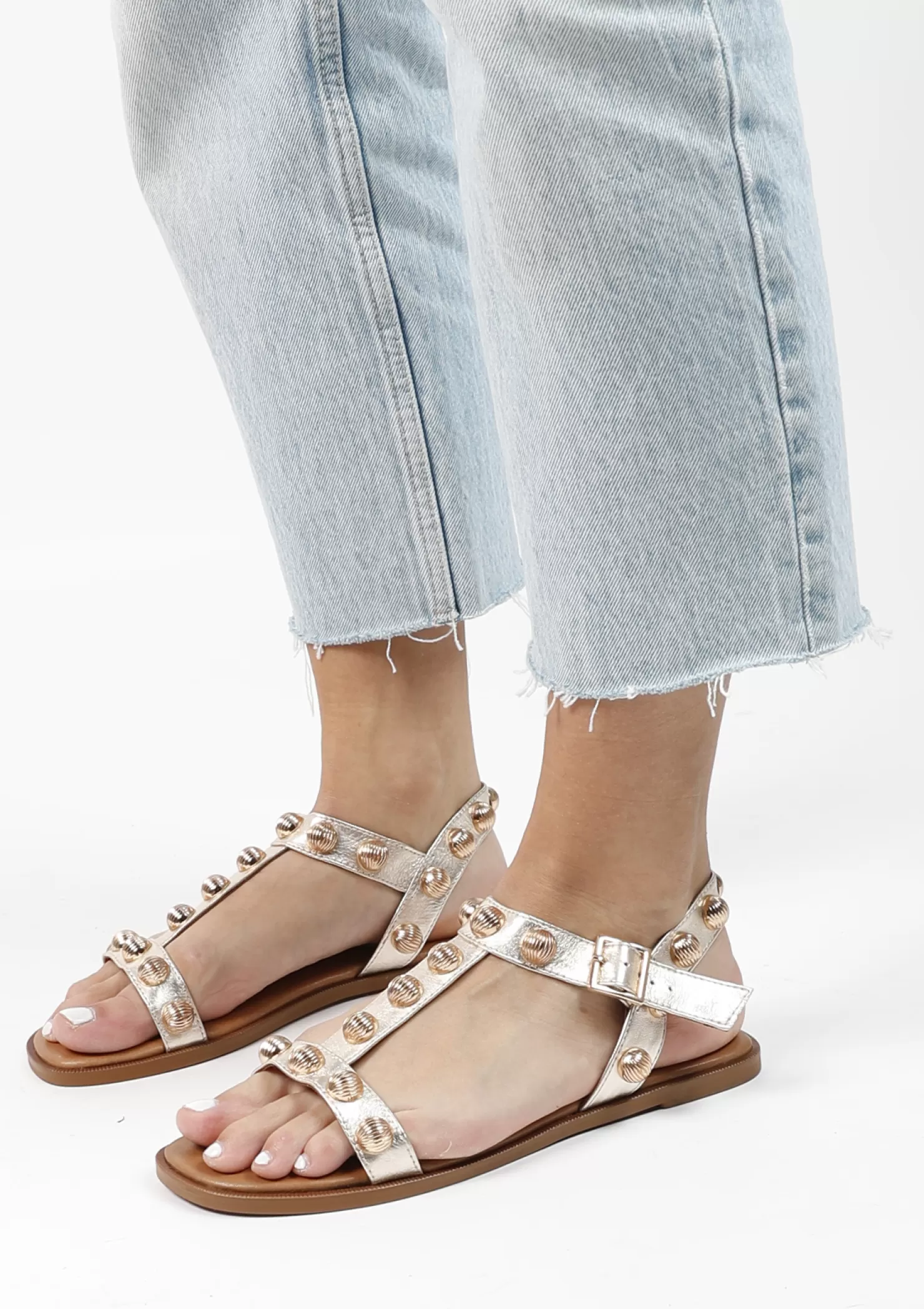 New Sacha Gouden Leren Sandalen Met Studs