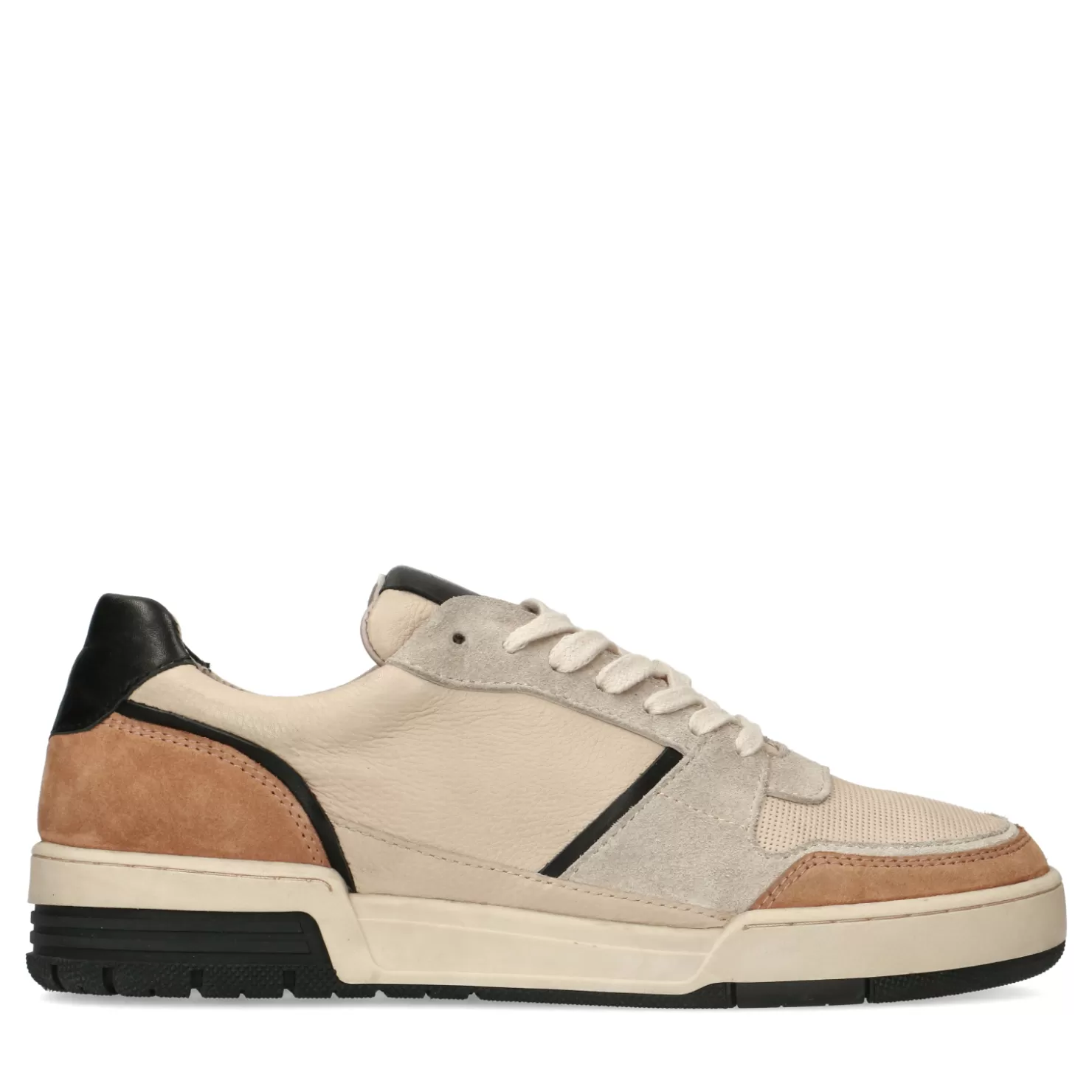 Clearance Sacha Lage Beige Leren Sneakers Met Zwarte Zool