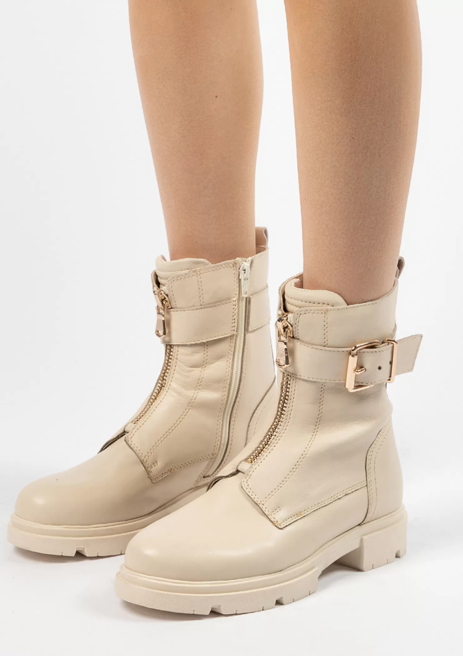 Store Sacha Latte Leren Biker Boots Met Gesp