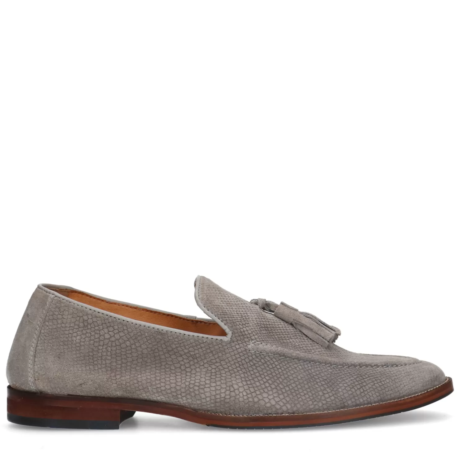 Clearance Sacha Lichtgrijze Suede Loafers Met Kwastjes