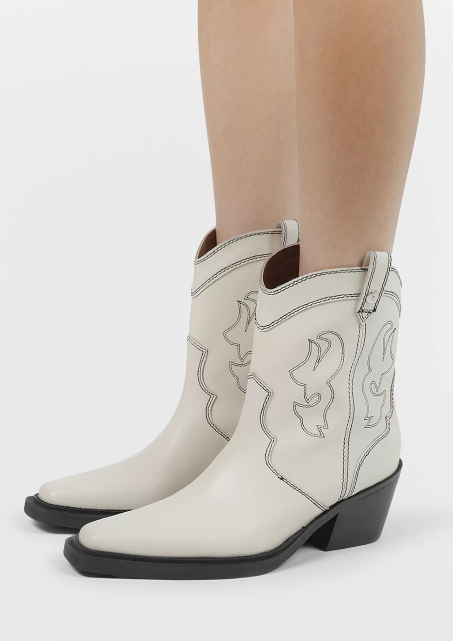 Flash Sale Sacha Off White Leren Cowboylaarzen Met Zwarte Sierstiksels