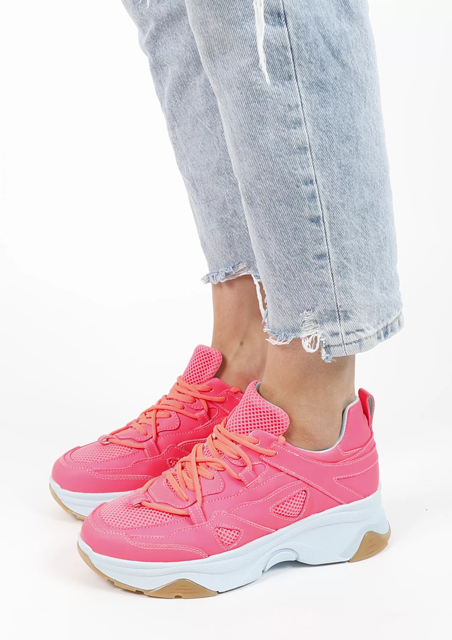 Shop Sacha Roze Leren Platform Sneakers Met Lichtblauwe Zool