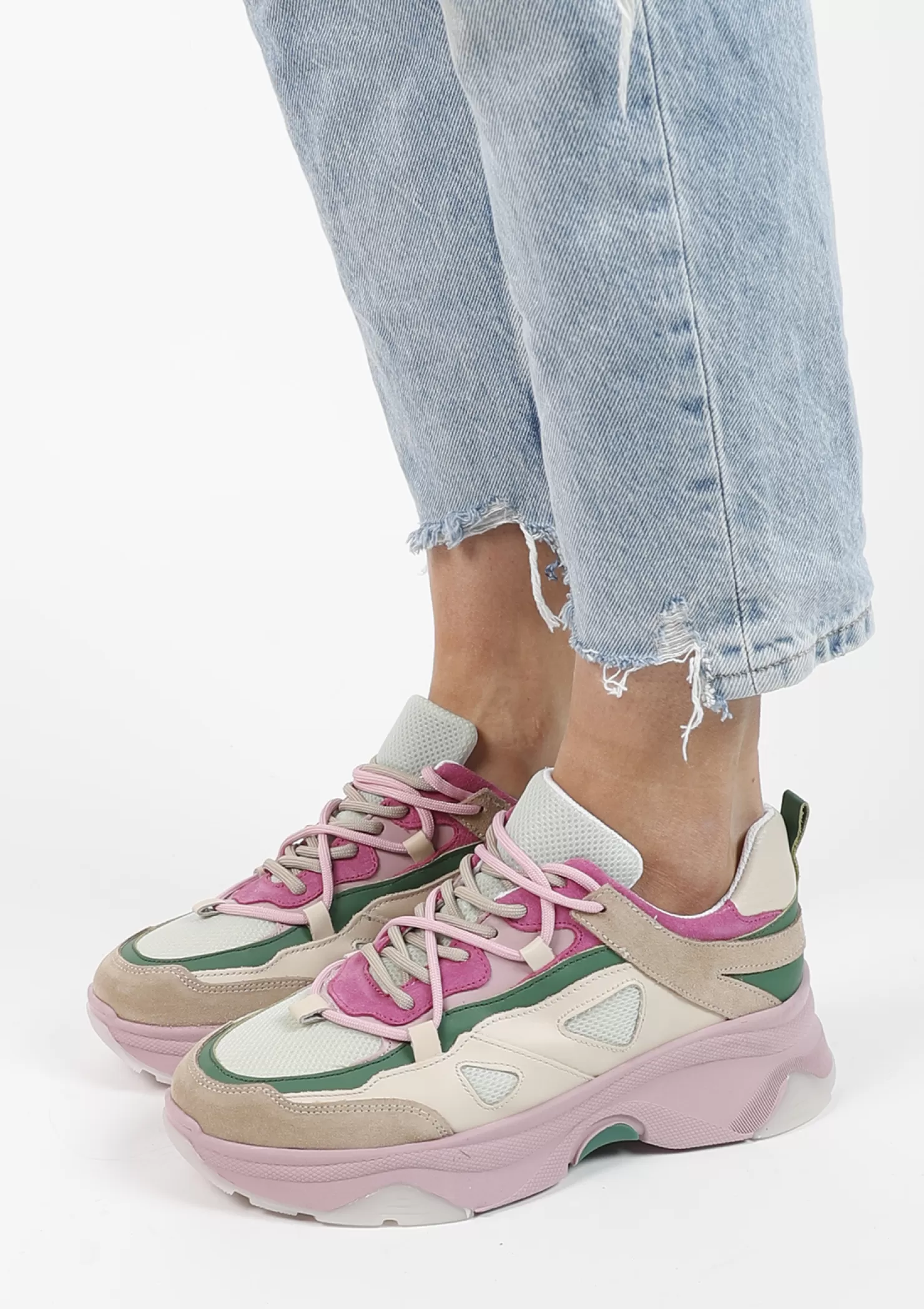 Best Sale Sacha Roze Sneakers Met Beige En Groene Details