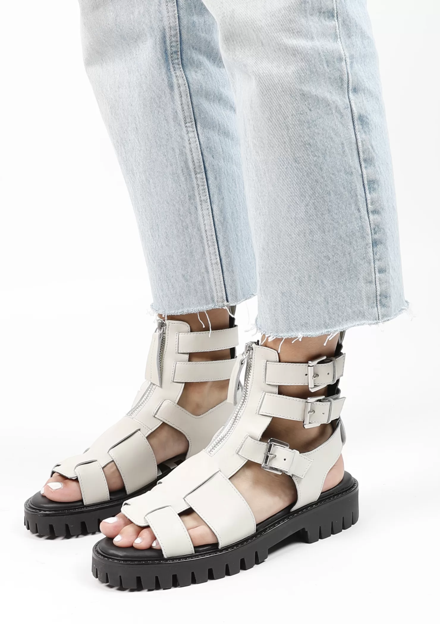 Best Sale Sacha Witte Leren Chunky Sandalen