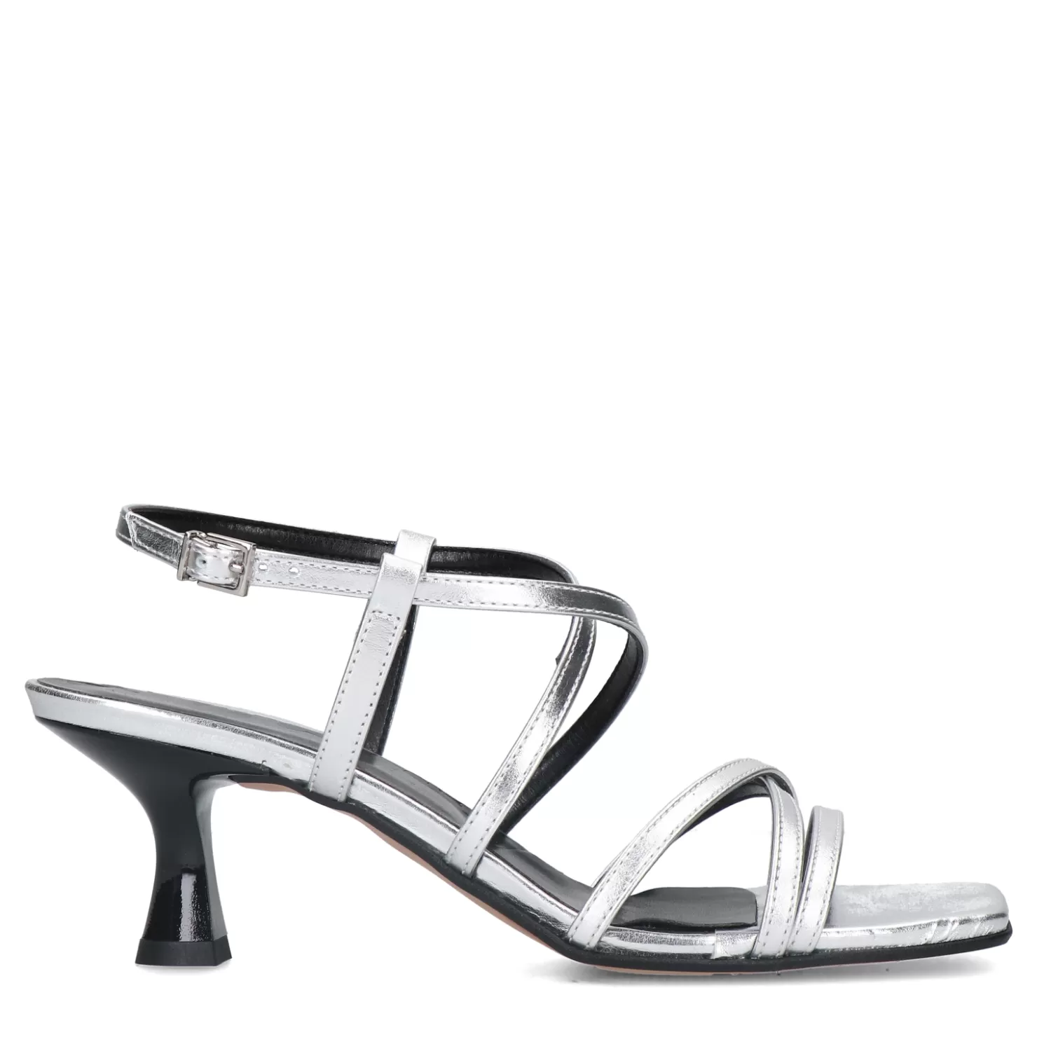 New Sacha Zilveren Metallic Sandalen Met Trechterhak