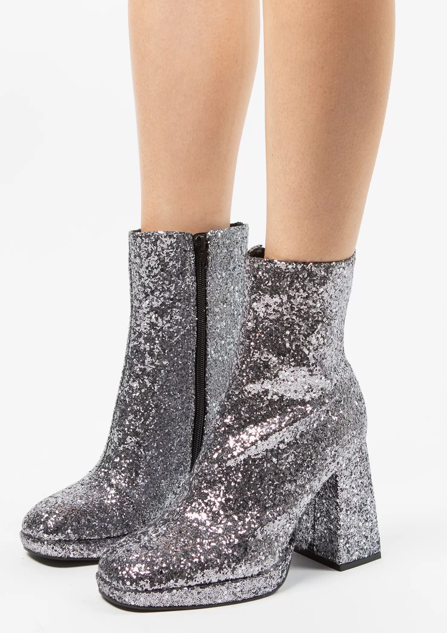 Outlet Sacha Zilverkleurige Glitter Enkelboots Met Hak