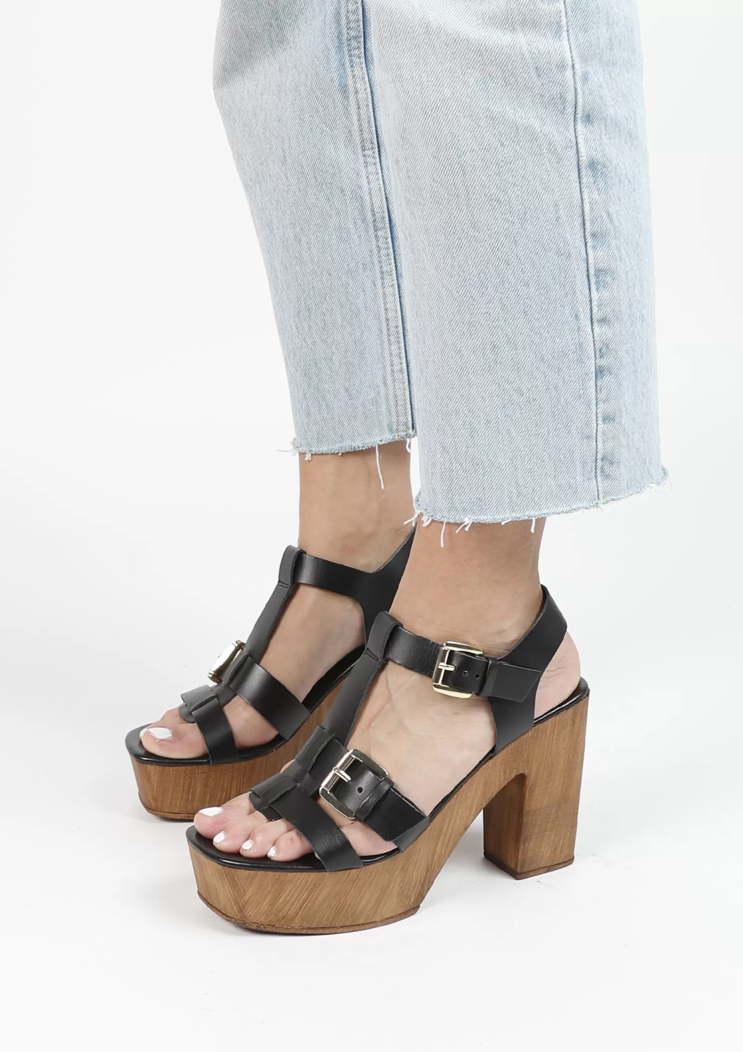 Clearance Sacha Zware Leren Sandalen Met Plateau Hak