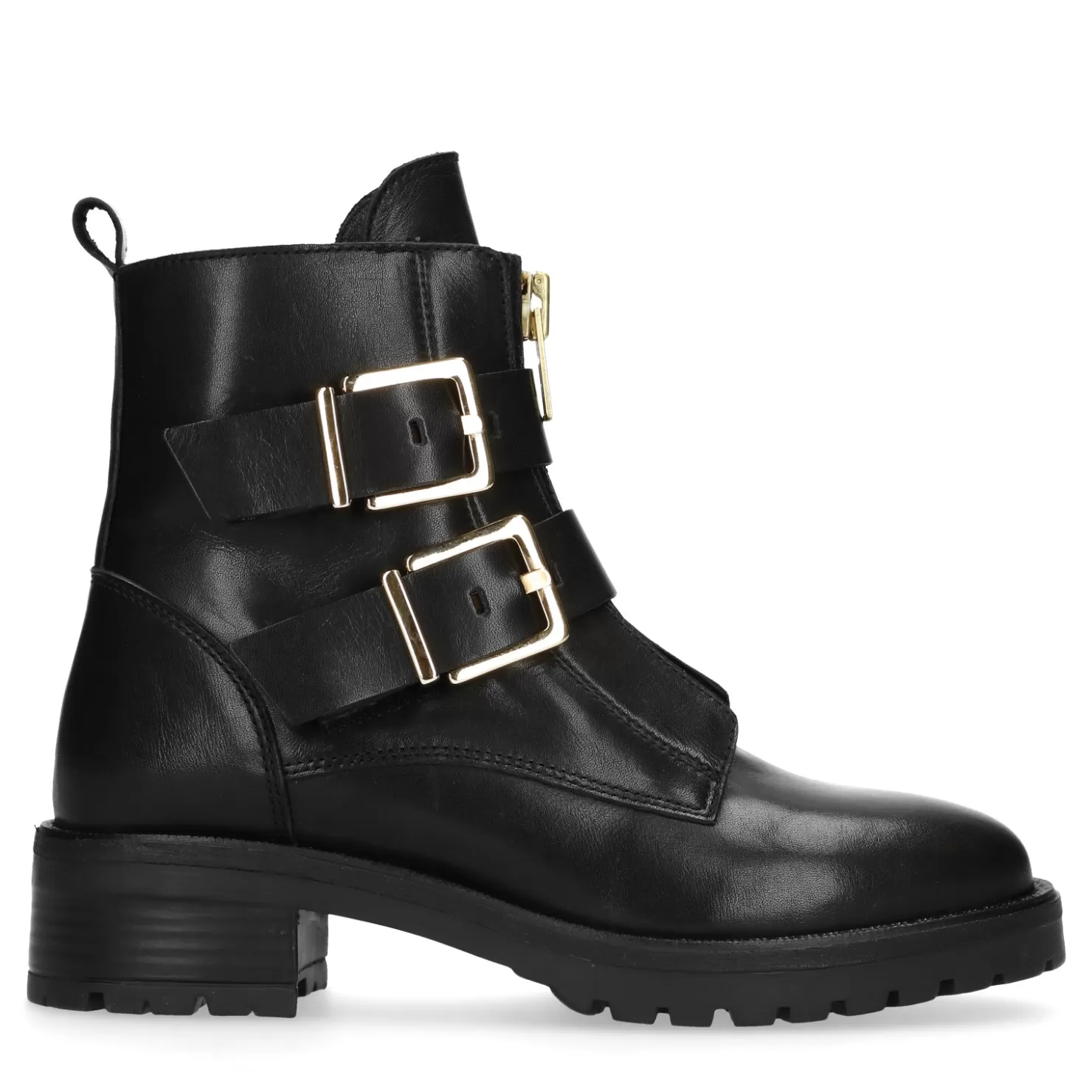 Outlet Sacha Zwarte Biker Boots Met Goudkleurige Gespen