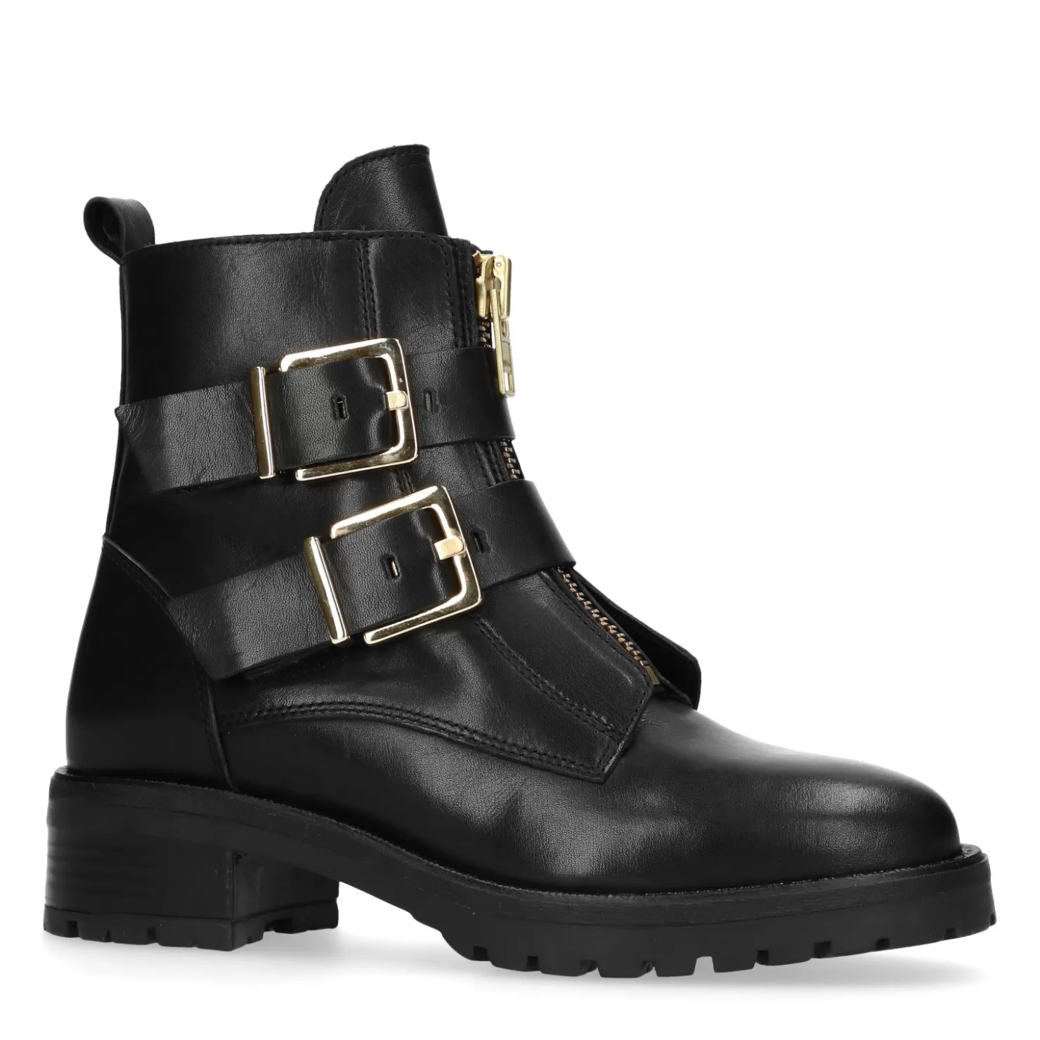 Outlet Sacha Zwarte Biker Boots Met Goudkleurige Gespen