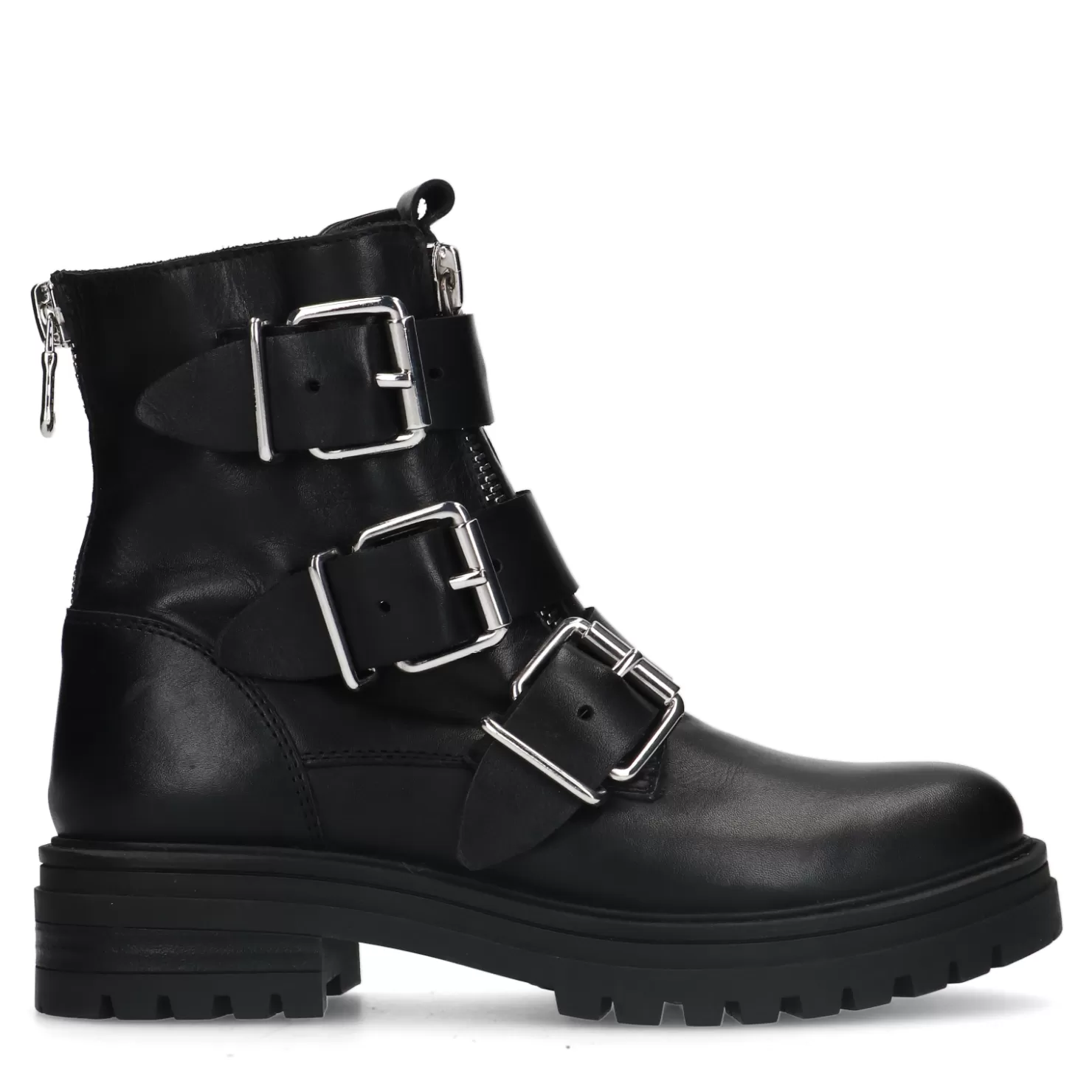 New Sacha Zwarte Biker Boots Met Zilverkleurige Gespen