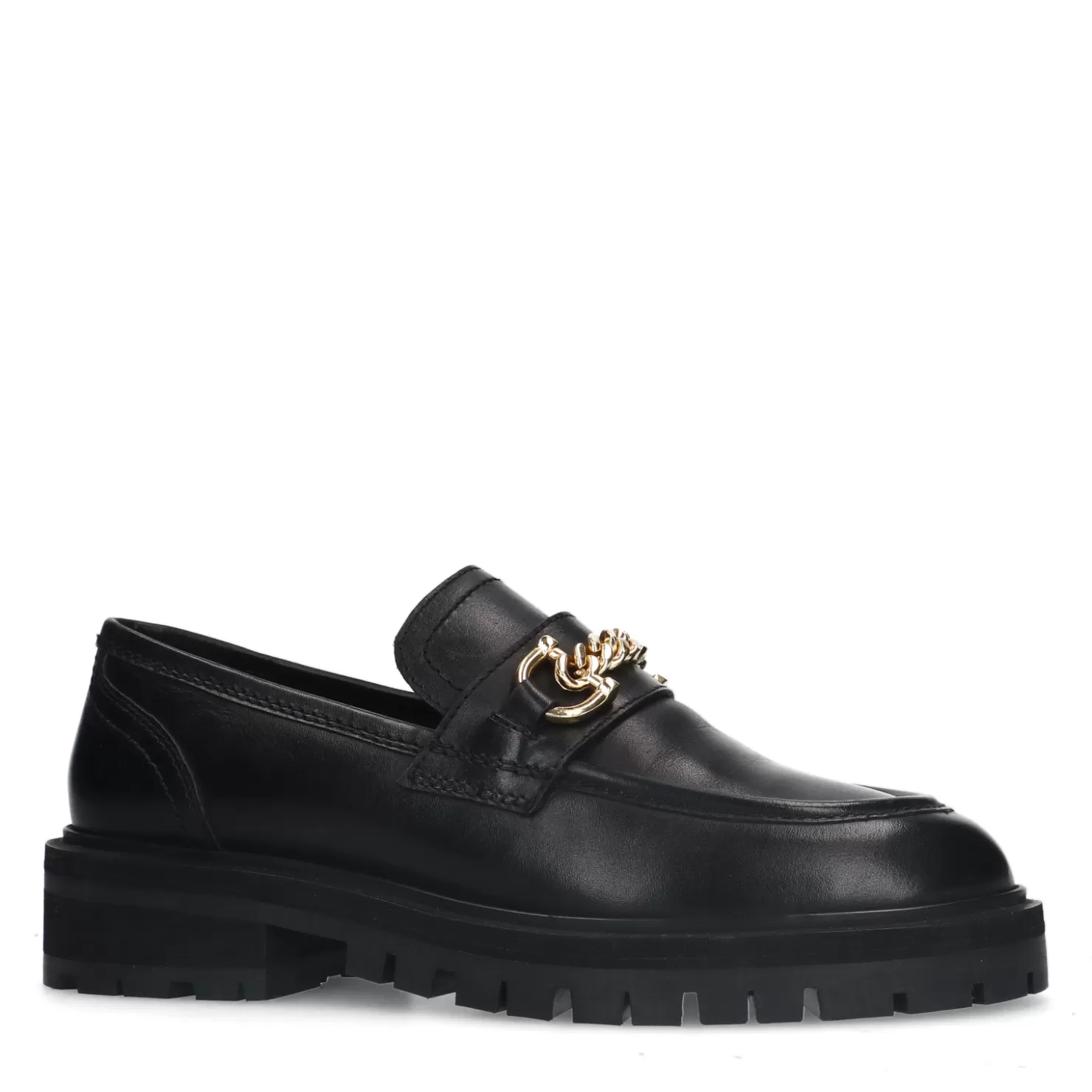 Hot Sacha Zwarte Chunky Loafers Met Goudkleurige Chain