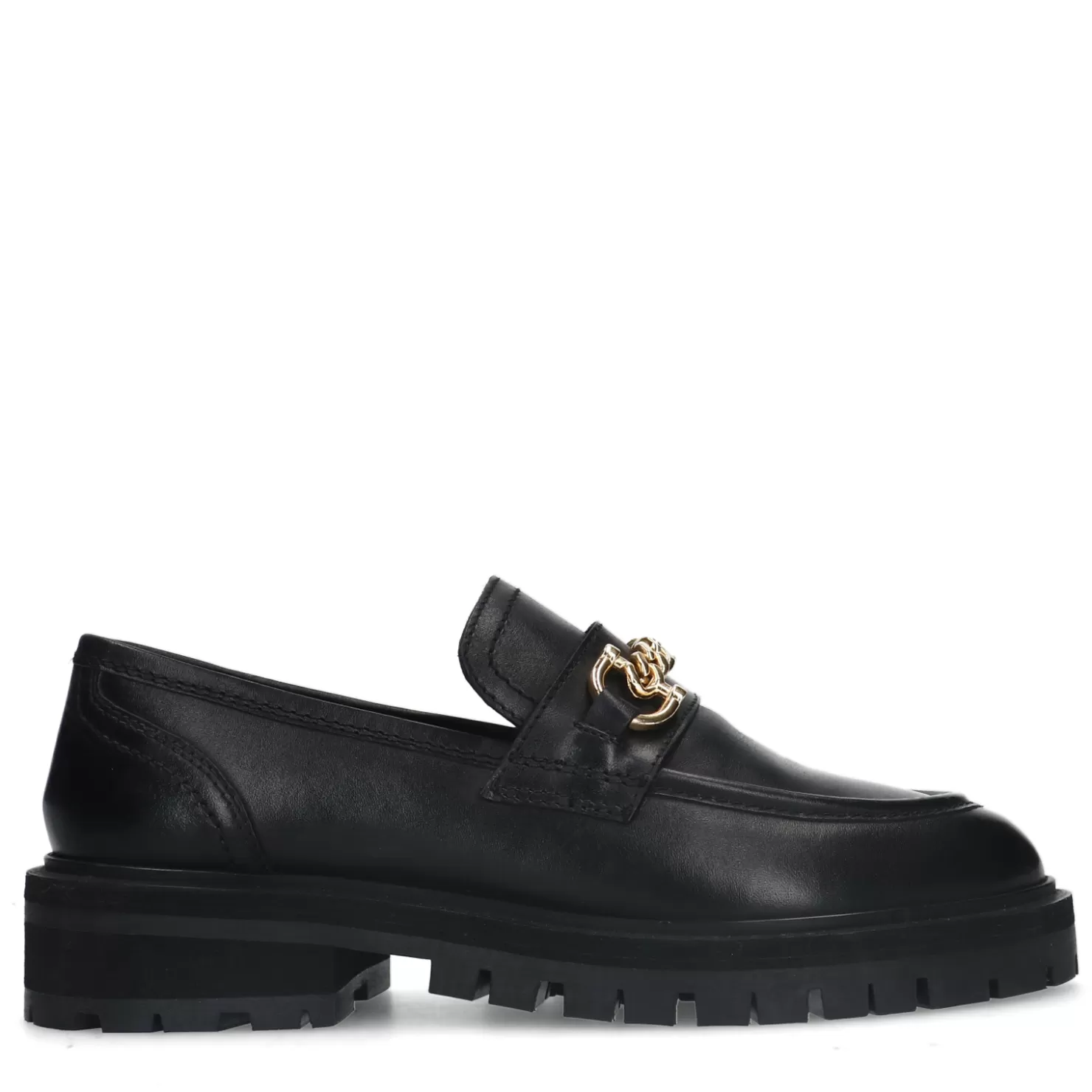 Hot Sacha Zwarte Chunky Loafers Met Goudkleurige Chain