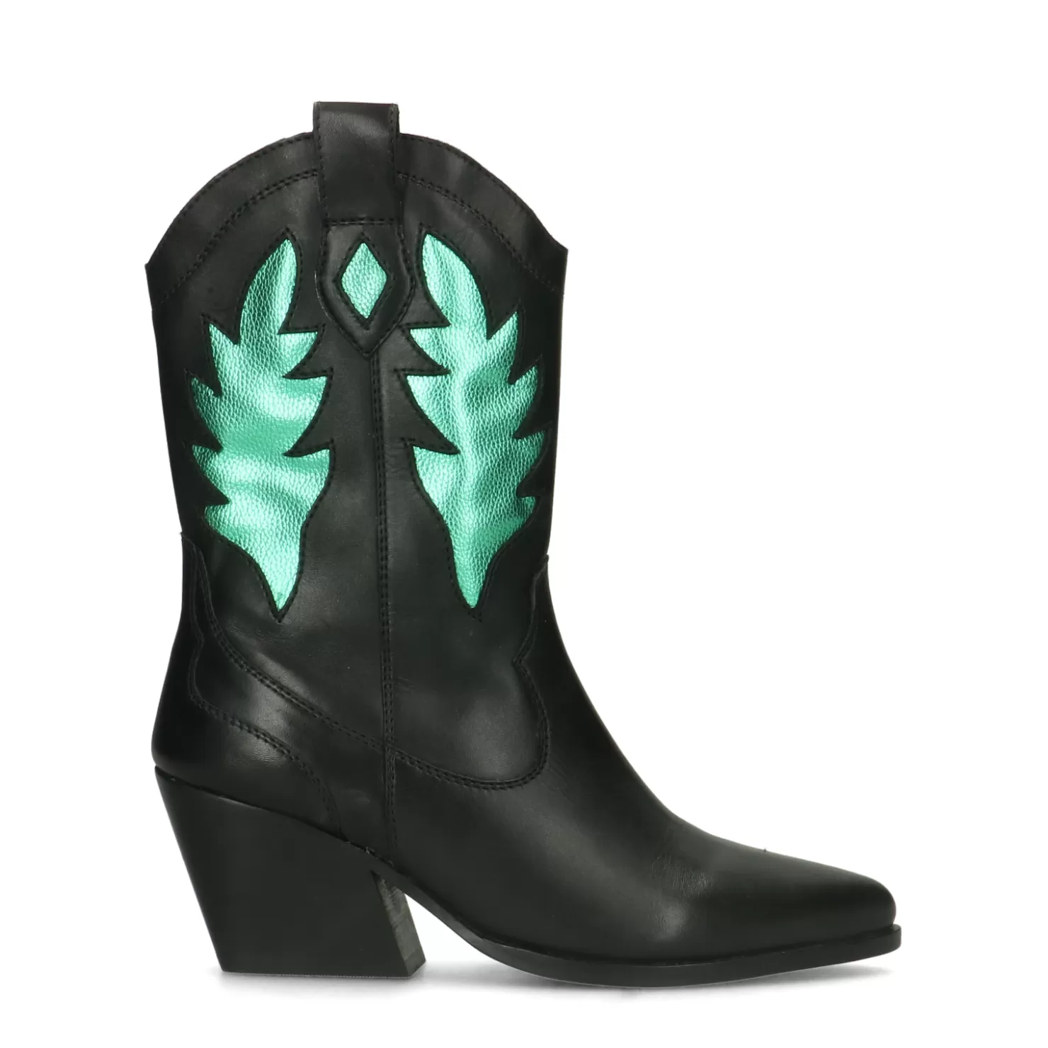 New Sacha Zwarte Cowboy Enkellaarsjes Met Metallic Groene Details