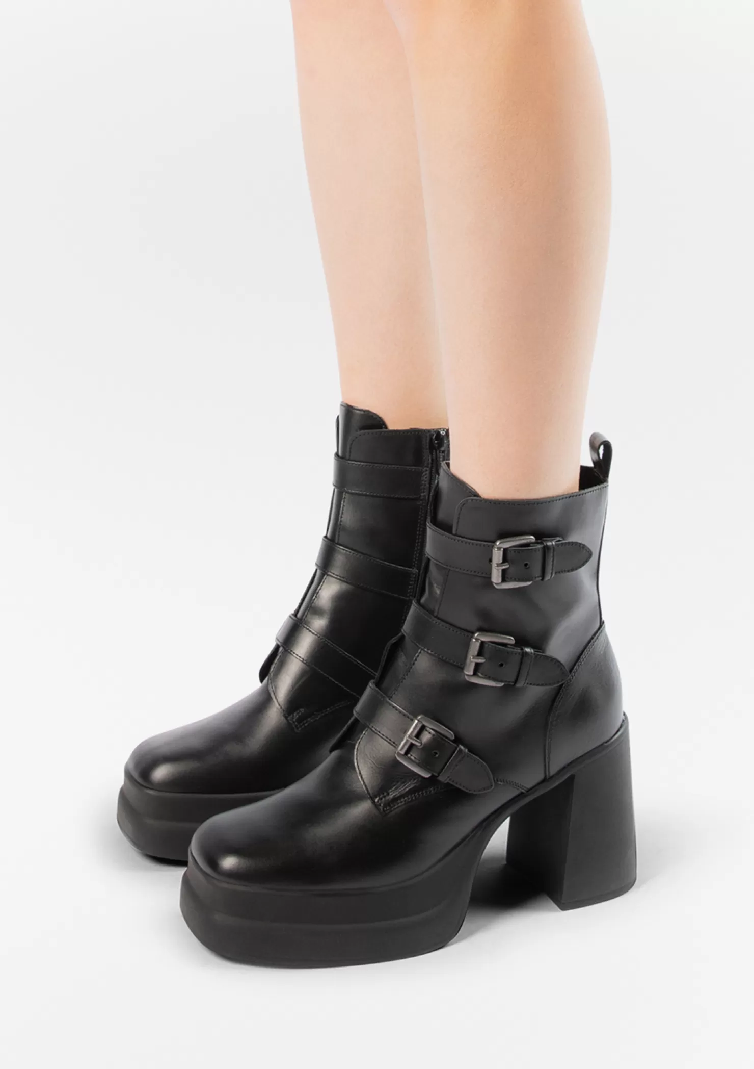 Hot Sacha Zwarte Leren Biker Boots Met Plateau Hak