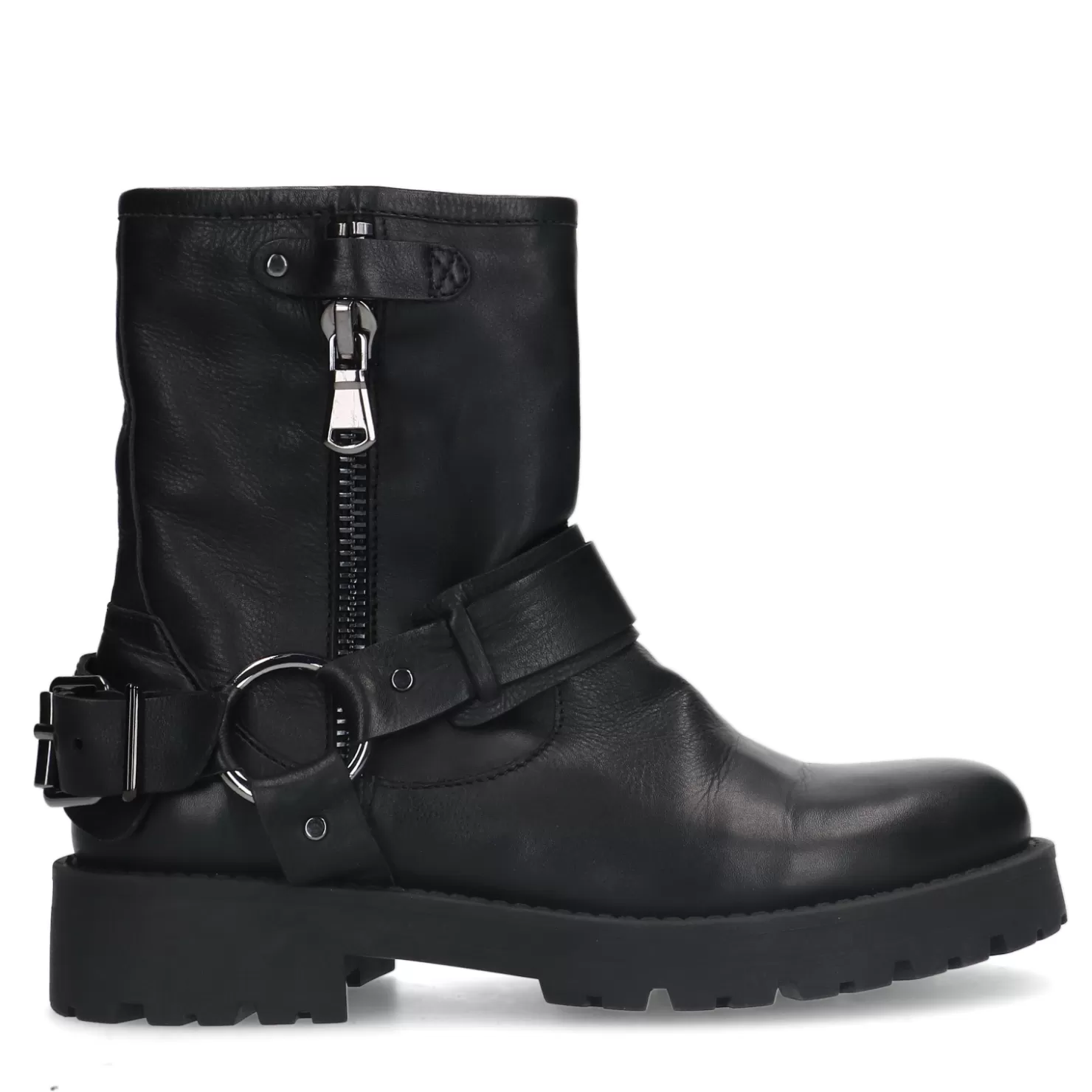 Online Sacha Zwarte Leren Biker Boots Met Zilverkleurige Buckle