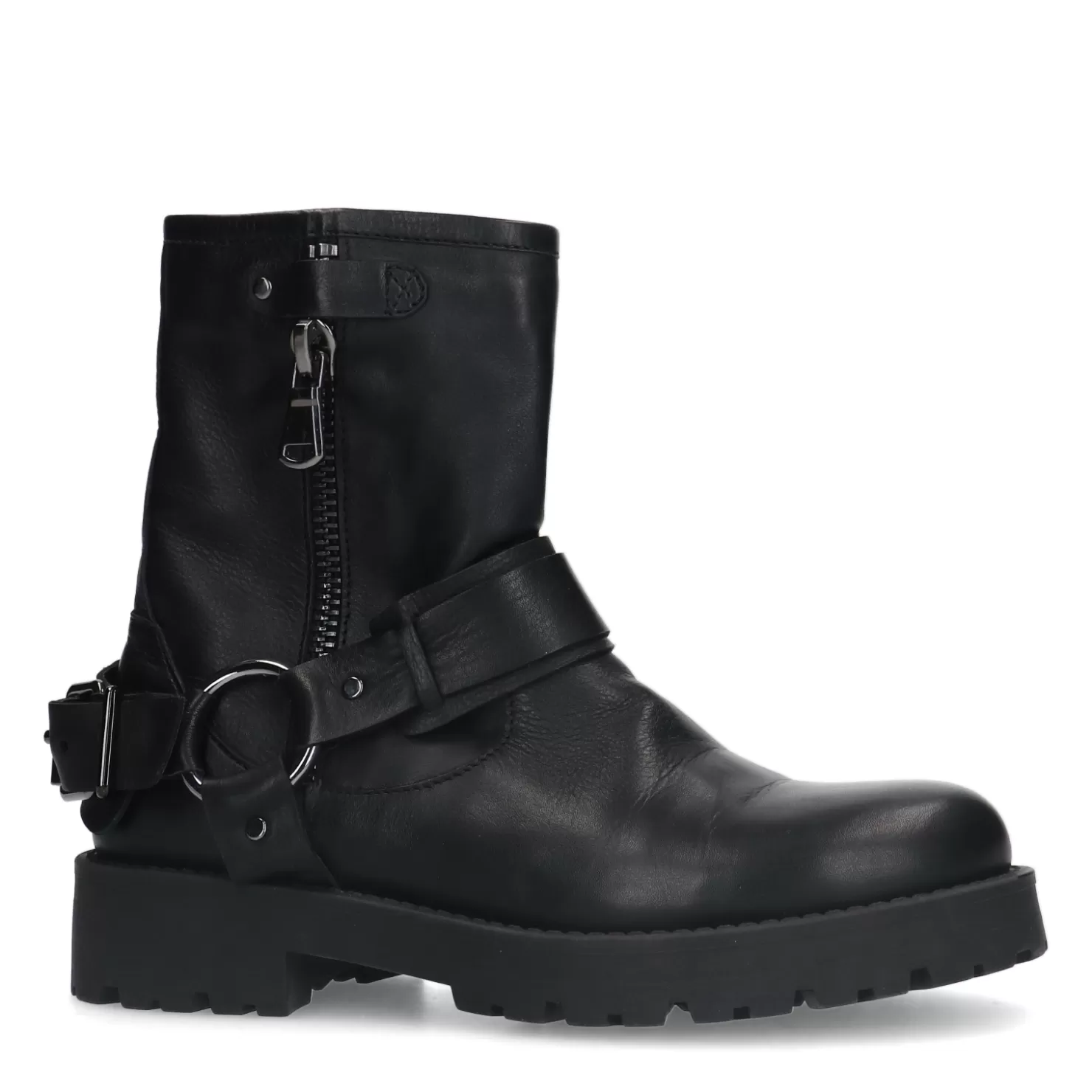 Online Sacha Zwarte Leren Biker Boots Met Zilverkleurige Buckle