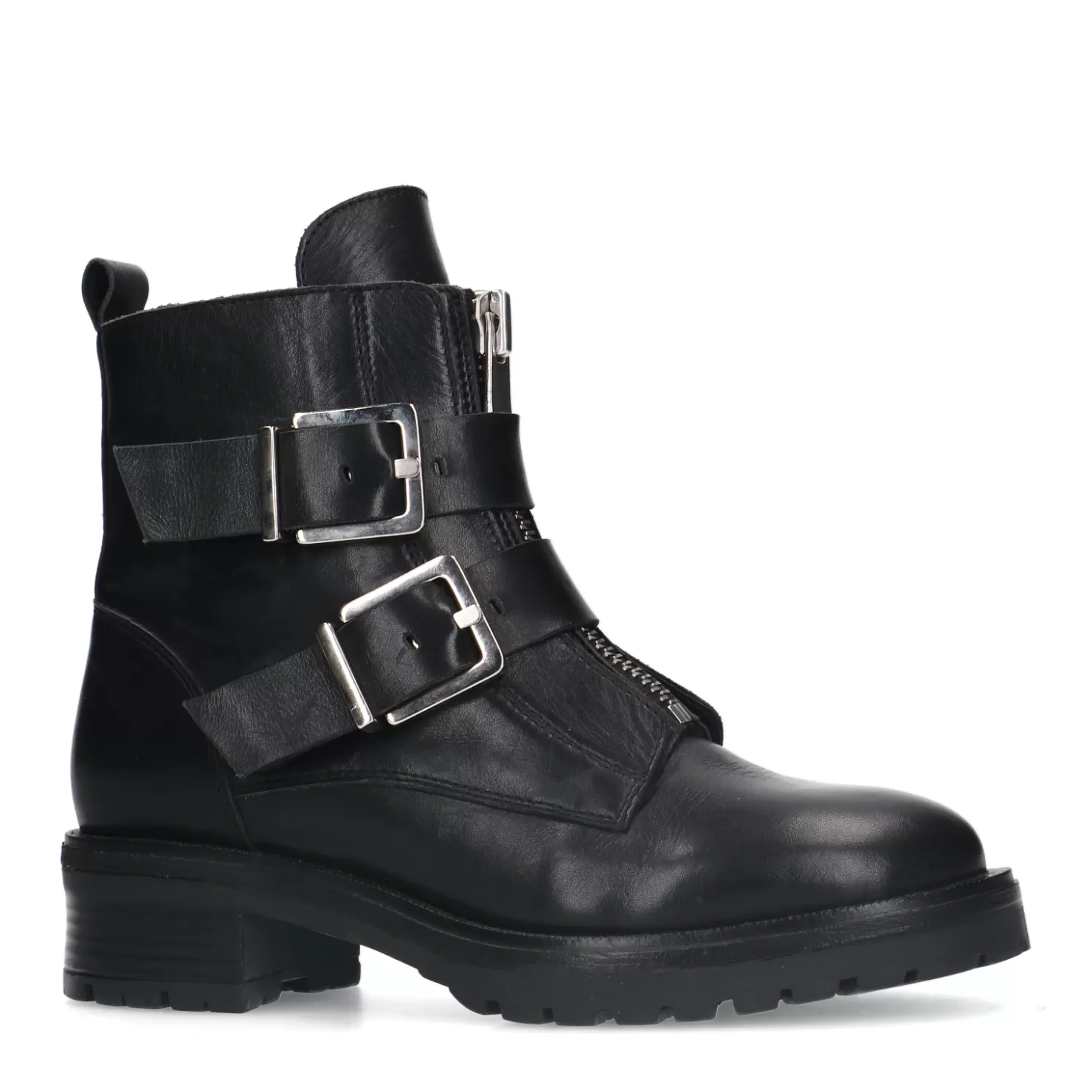 Fashion Sacha Zwarte Leren Biker Boots Met Zilverkleurige Gespen