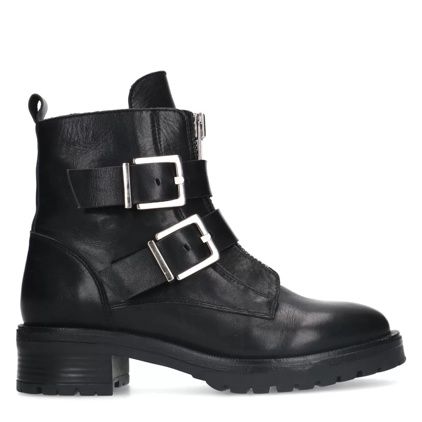 Fashion Sacha Zwarte Leren Biker Boots Met Zilverkleurige Gespen