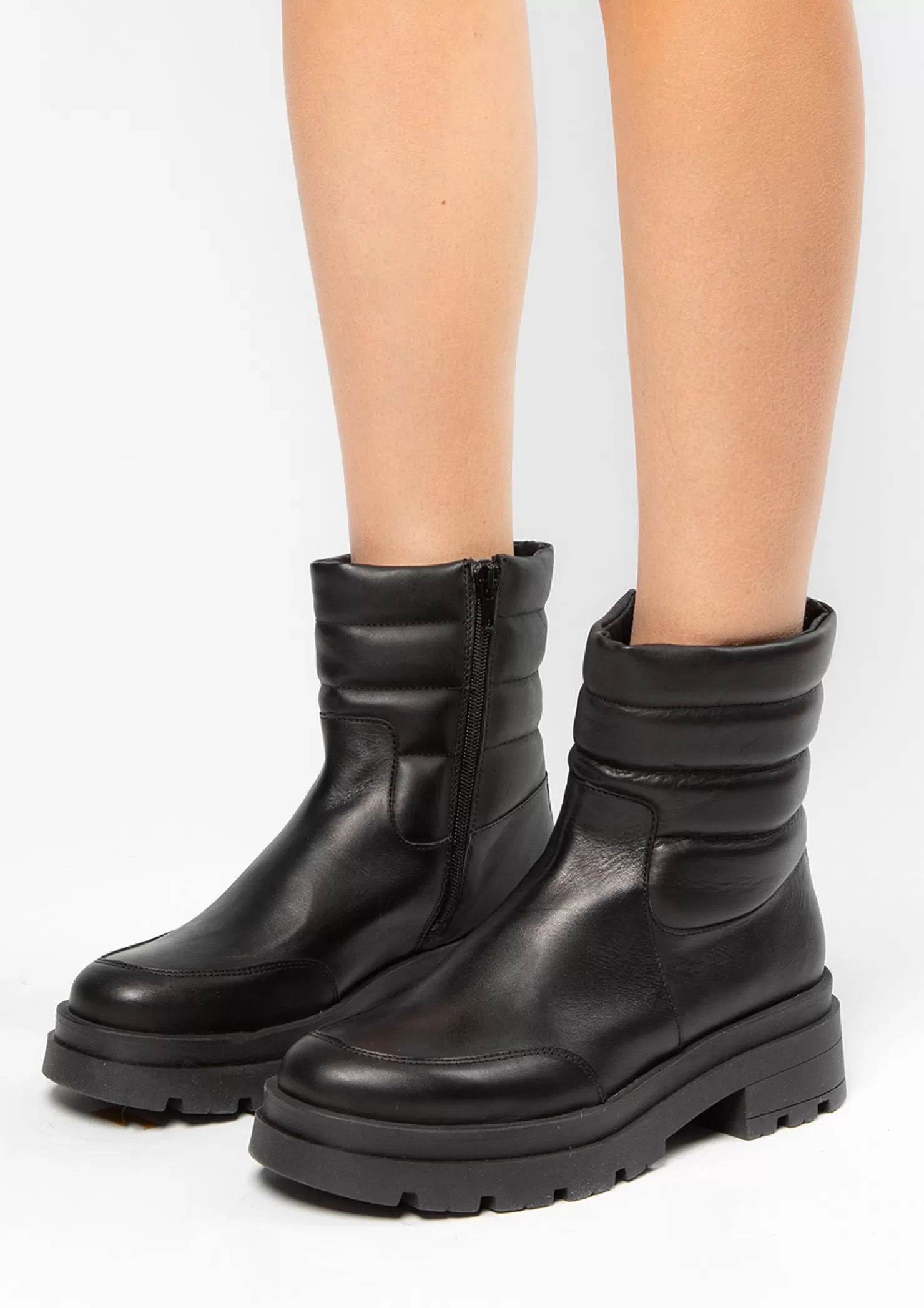 Online Sacha Zwarte Leren Boots Met Puffer Details