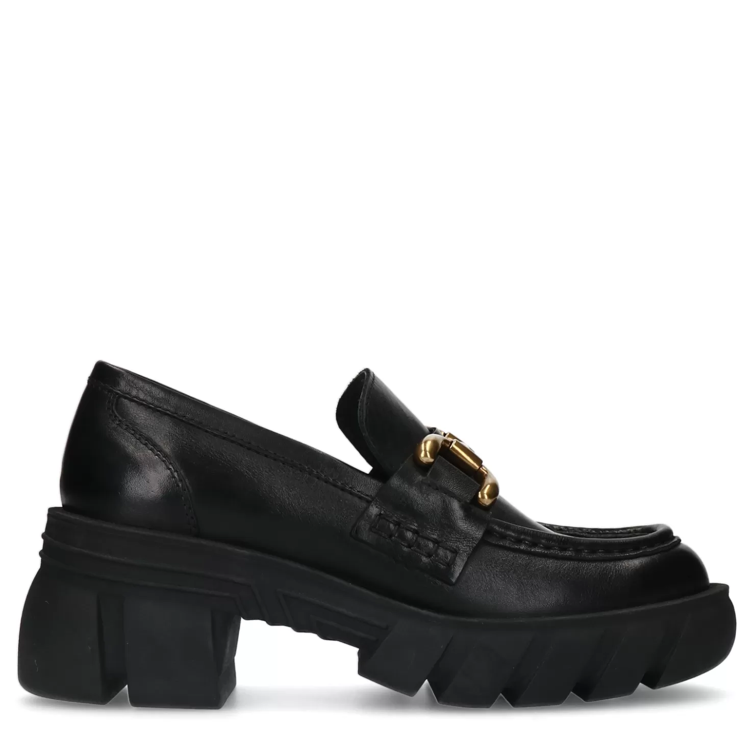 Clearance Sacha Zwarte Leren Chunky Loafers Met Goudkleurige Chain