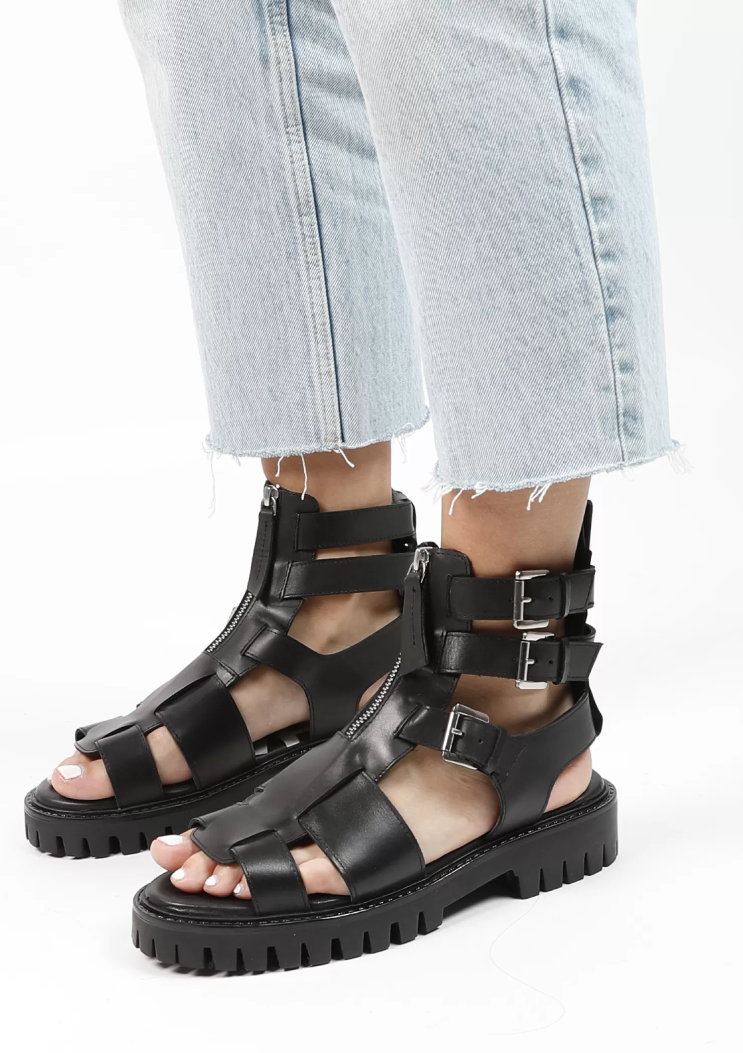 Discount Sacha Zwarte Leren Chunky Sandalen