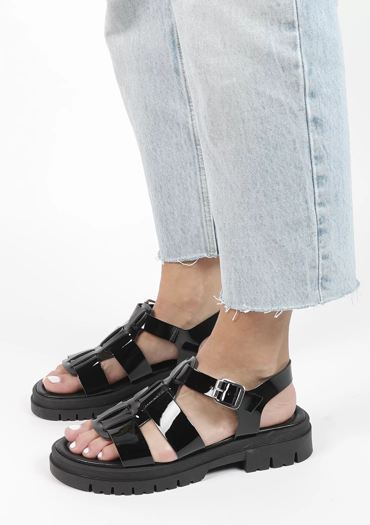 New Sacha Zwarte Leren Chunky Sandalen