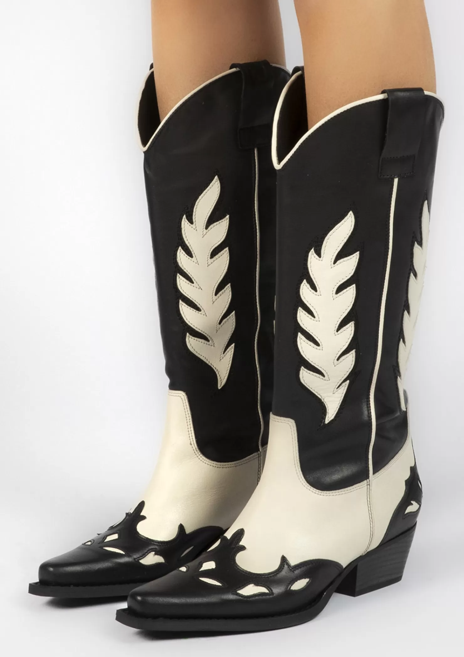 Fashion Sacha Zwarte Leren Cowboylaarzen Met Off White Details