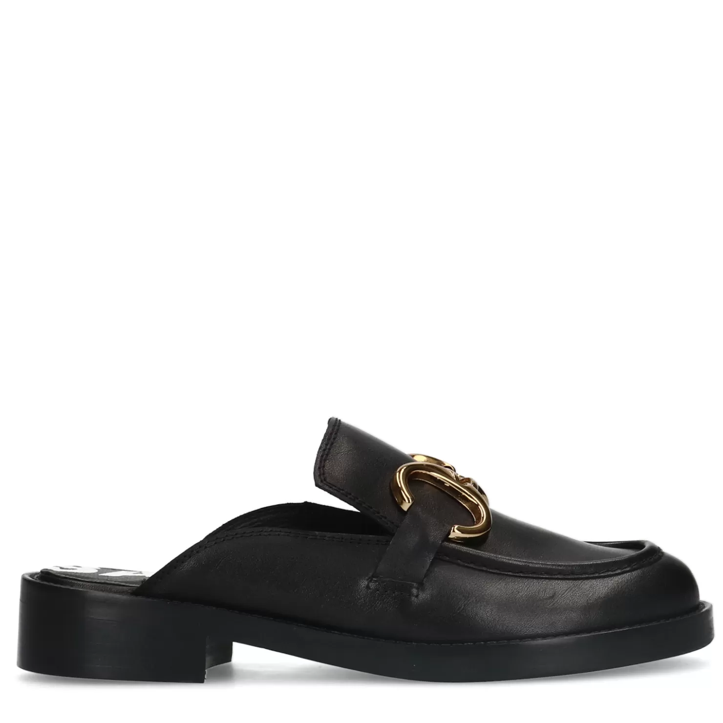 Fashion Sacha Zwarte Leren Loafer Muiltjes Met Goudkleurige Chain